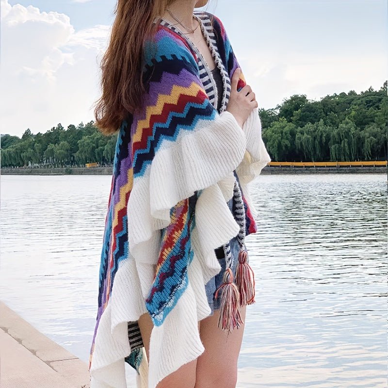 tops - Bohemian Style Women's Knitted Poncho With Fringe, Colorful Striped Shawl, Large Size Warm Cape For Casual Wear And Travel Outfits - Boho Eco Boutique™ - tops - Boho Eco Boutique™ - Blue A - 