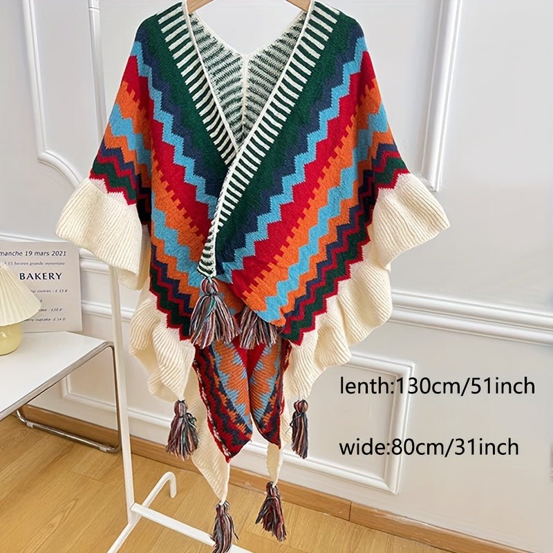 tops - Bohemian Style Women's Knitted Poncho With Fringe, Colorful Striped Shawl, Large Size Warm Cape For Casual Wear And Travel Outfits - Boho Eco Boutique™ - tops - Boho Eco Boutique™ - Yellow - 