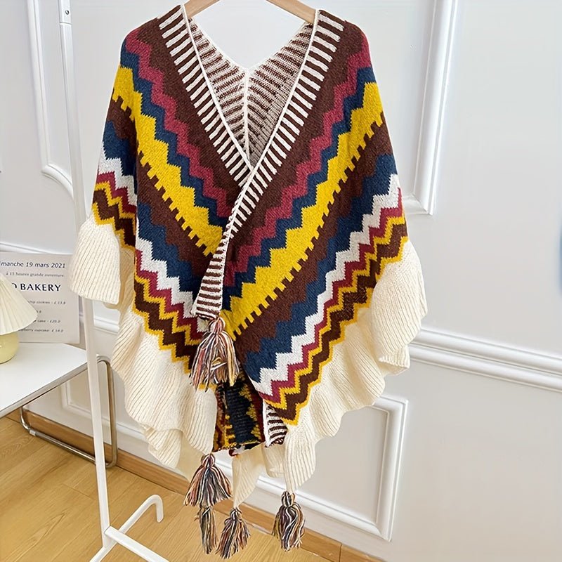 tops - Bohemian Style Women's Knitted Poncho With Fringe, Colorful Striped Shawl, Large Size Warm Cape For Casual Wear And Travel Outfits - Boho Eco Boutique™ - tops - Boho Eco Boutique™ - Yellow - 