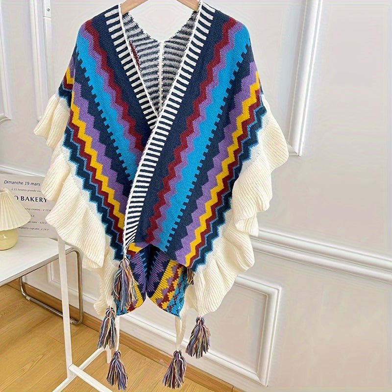 tops - Bohemian Style Women's Knitted Poncho With Fringe, Colorful Striped Shawl, Large Size Warm Cape For Casual Wear And Travel Outfits - Boho Eco Boutique™ - tops - Boho Eco Boutique™ - Blue A - 