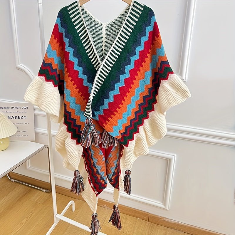 tops - Bohemian Style Women's Knitted Poncho With Fringe, Colorful Striped Shawl, Large Size Warm Cape For Casual Wear And Travel Outfits - Boho Eco Boutique™ - tops - Boho Eco Boutique™ - Red - 