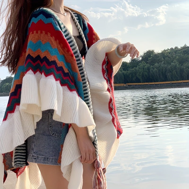 tops - Bohemian Style Women's Knitted Poncho With Fringe, Colorful Striped Shawl, Large Size Warm Cape For Casual Wear And Travel Outfits - Boho Eco Boutique™ - tops - Boho Eco Boutique™ - Blue A - 