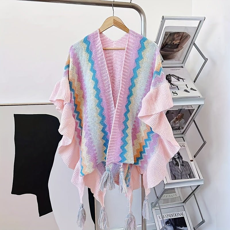 tops - Bohemian Style Women's Knitted Poncho With Fringe, Colorful Striped Shawl, Large Size Warm Cape For Casual Wear And Travel Outfits - Boho Eco Boutique™ - tops - Boho Eco Boutique™ - Pink - 