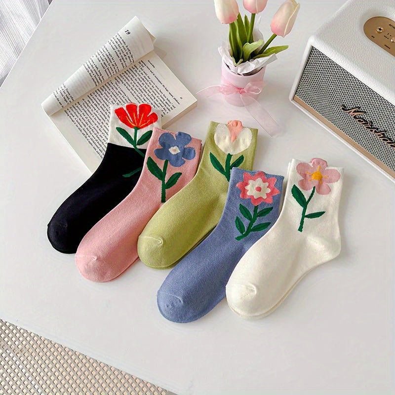 socks - Boho Chic 5 Pairs of Kawaii Flower Print MidLength Socks 5 Add a splash of adorable charm to your sock drawer - Boho Eco Boutique™ - socks - Boho Eco Boutique™ - 5Pairs - One - size - 