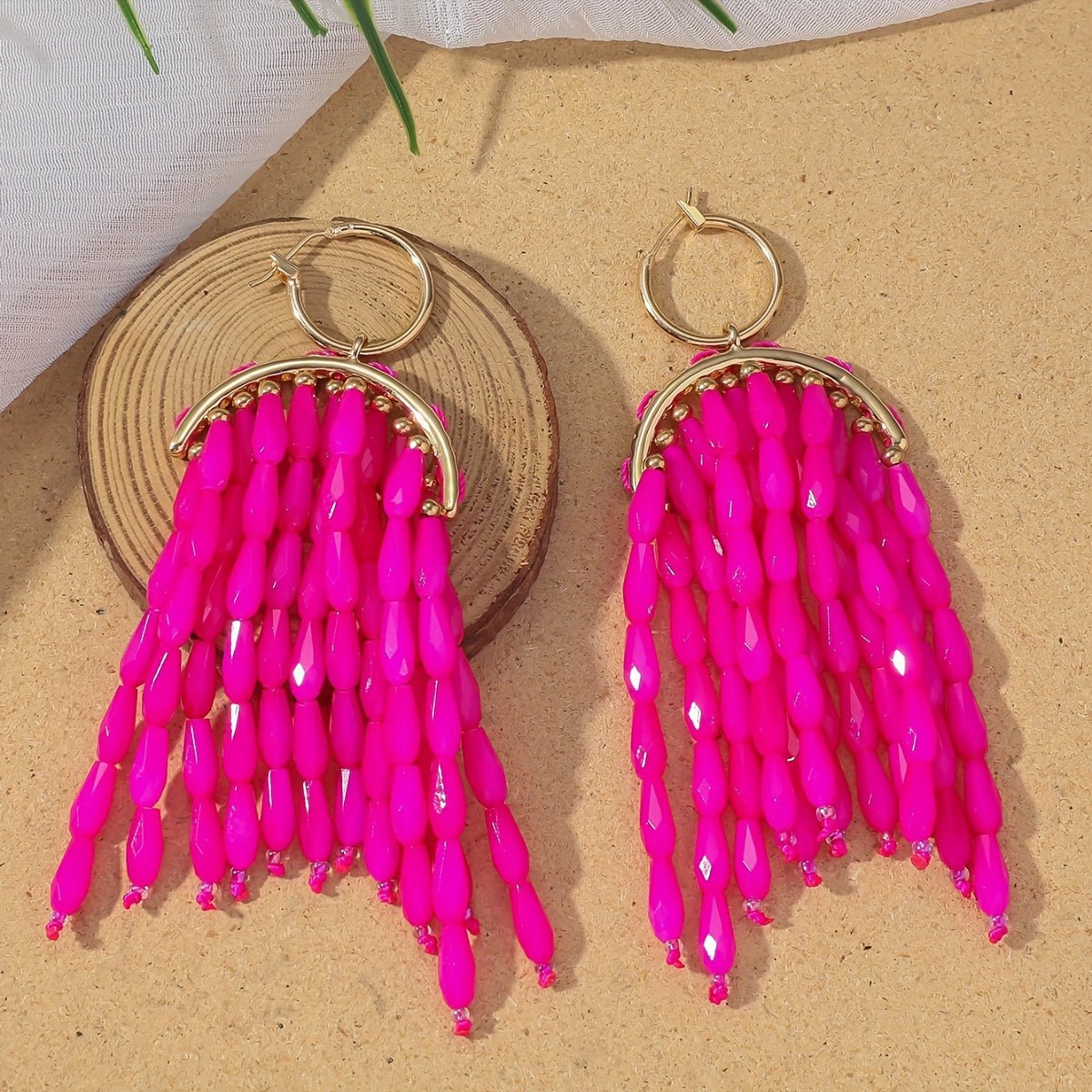 accessories - Boho - Chic Handcrafted Crystal Fan - Shaped Earrings With Beaded Tassels - Versatile & Stylish For Everyday And Vacation Wear Jewelry For Women Boho Jewelry For Women - Boho Eco Boutique™ - accessories - Boho Eco Boutique™ - Rose Red Color - 