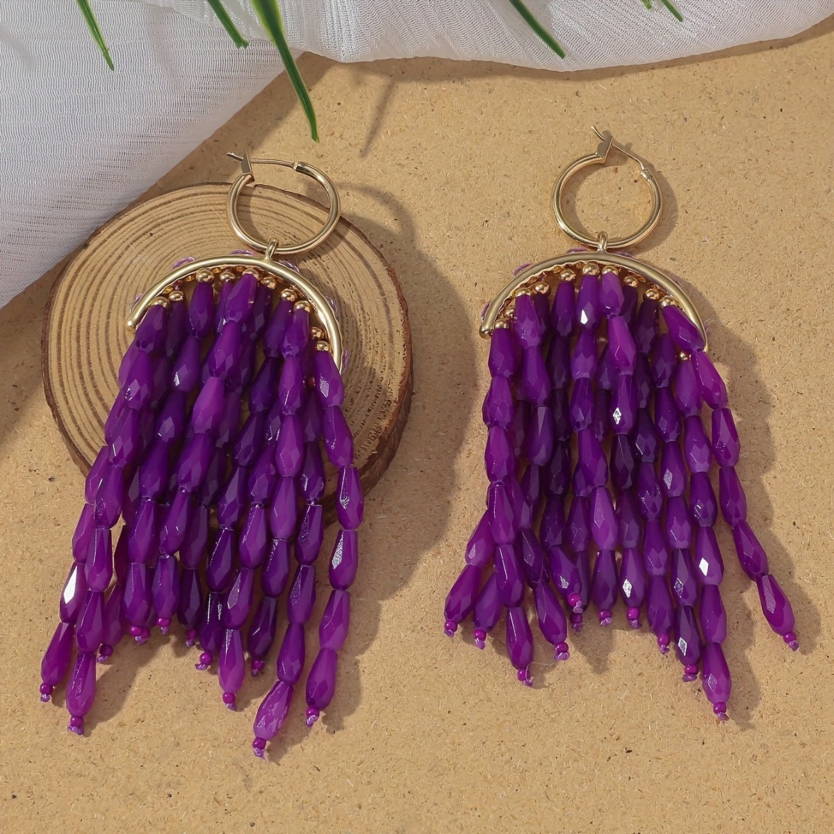 accessories - Boho - Chic Handcrafted Crystal Fan - Shaped Earrings With Beaded Tassels - Versatile & Stylish For Everyday And Vacation Wear Jewelry For Women Boho Jewelry For Women - Boho Eco Boutique™ - accessories - Boho Eco Boutique™ - Purple - 