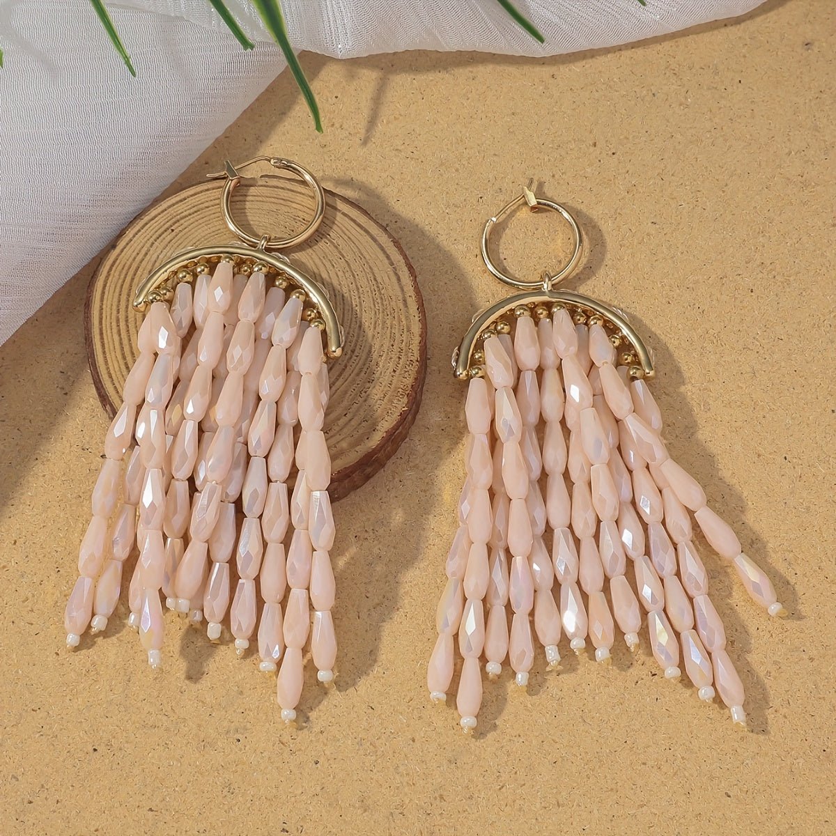 accessories - Boho - Chic Handcrafted Crystal Fan - Shaped Earrings With Beaded Tassels - Versatile & Stylish For Everyday And Vacation Wear Jewelry For Women Boho Jewelry For Women - Boho Eco Boutique™ - accessories - Boho Eco Boutique™ - Pink - 