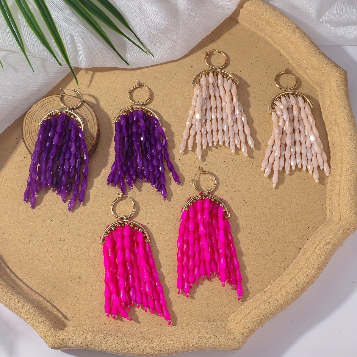 accessories - Boho - Chic Handcrafted Crystal Fan - Shaped Earrings With Beaded Tassels - Versatile & Stylish For Everyday And Vacation Wear Jewelry For Women Boho Jewelry For Women - Boho Eco Boutique™ - accessories - Boho Eco Boutique™ - Pink - 