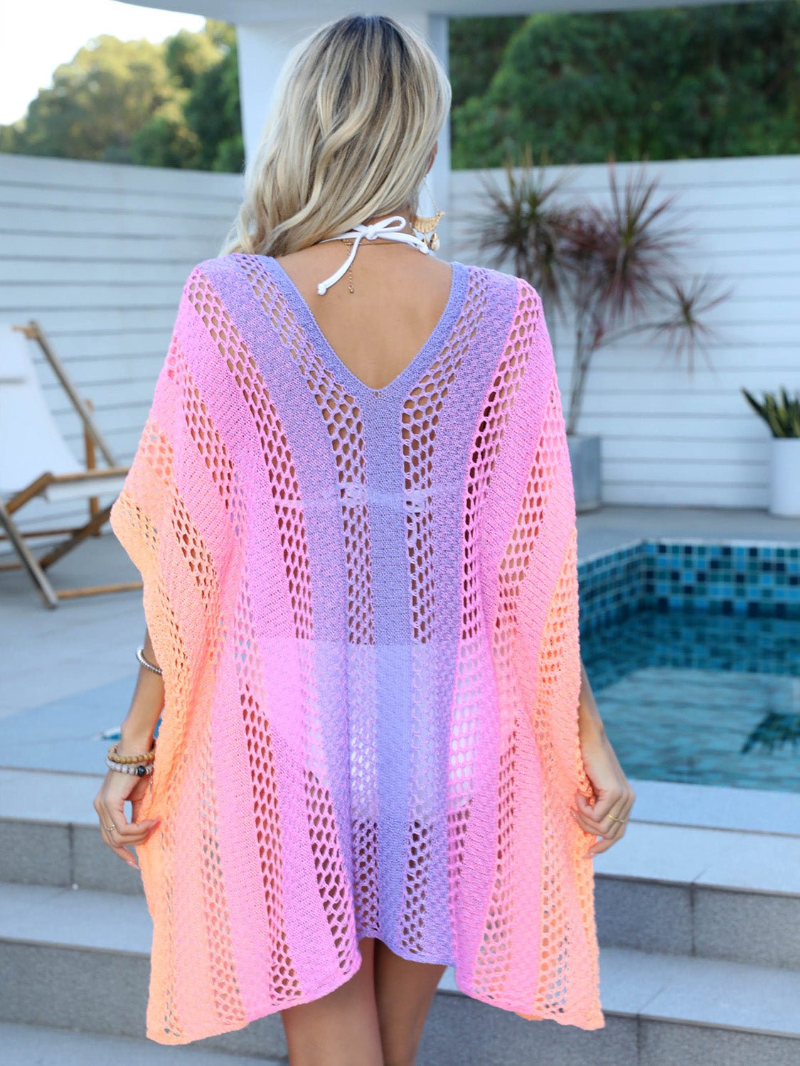  - Boho Chic Openwork Contrast V - Neck Cover - Up - Stylish & Lightweight, Perfect for Beach or Poolside - Boho Eco Boutique™ - Boho Eco Boutique™ - 100100612171911 - Red - Violet - One Size - 