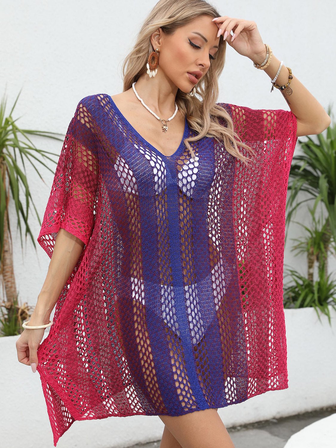  - Boho Chic Openwork Contrast V - Neck Cover - Up - Stylish & Lightweight, Perfect for Beach or Poolside - Boho Eco Boutique™ - Boho Eco Boutique™ - 100100612173667 - Dark Blue - One Size - 