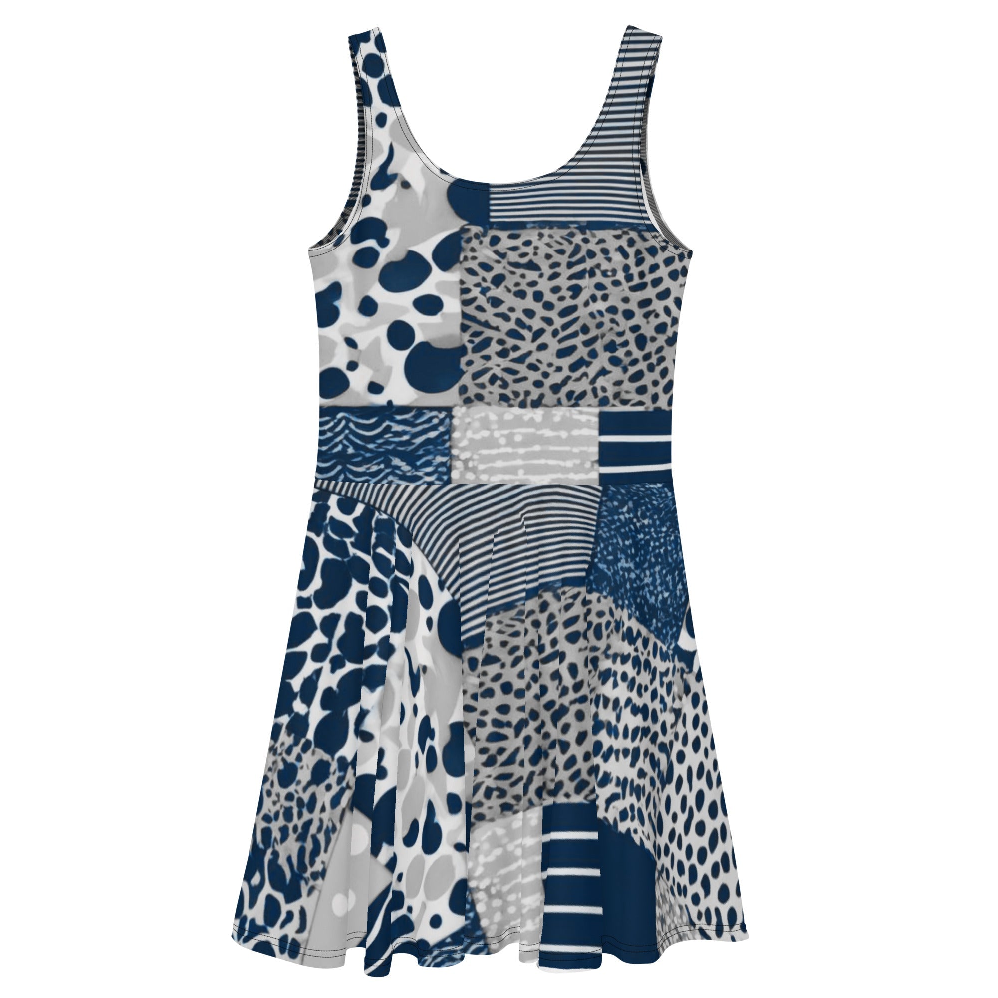 All Over Prints - Boho Eco Flowy Patchwork Print Navy and Grey Dress - Boho Eco Boutique™ - Boho Eco Boutique™ - XS - 