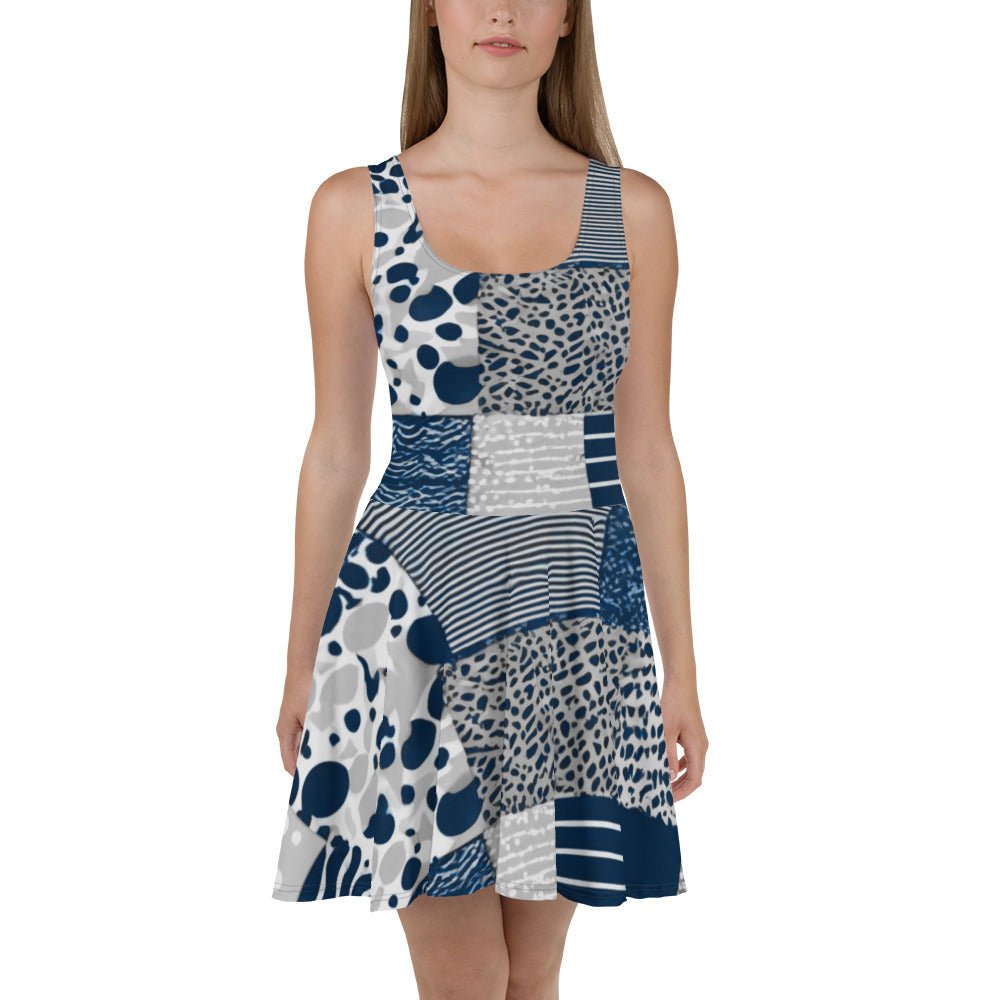 All Over Prints - Boho Eco Flowy Patchwork Print Navy and Grey Dress - Boho Eco Boutique™ - Boho Eco Boutique™ - XS - 