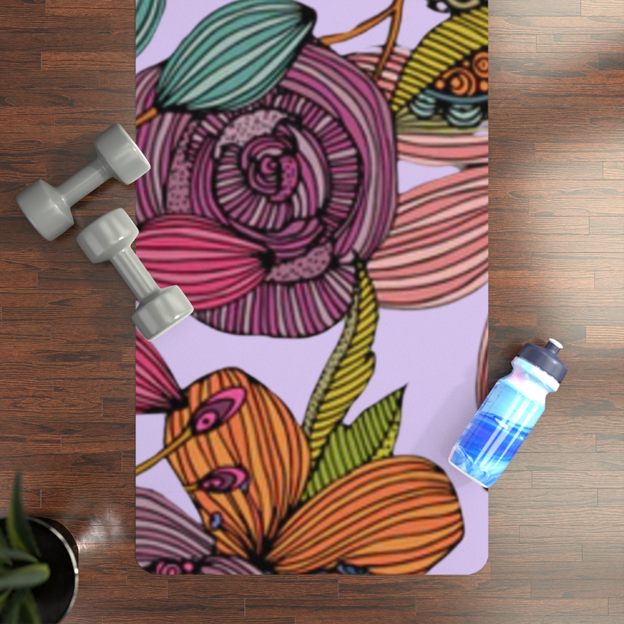 Home Decor - Boho Eco Rubber Yoga Mat | Vibrant Floral Pattern with Purple Background | Eco - Friendly Fitness Mat for Home, Gym, and Travel - Boho Eco Boutique™ - Boho Eco Rubber Yoga Mat | Vibrant Floral Pattern with Purple Background | Eco - Friendly Fitness Mat for Home, Gym, and Travel - 24” x 70” - 