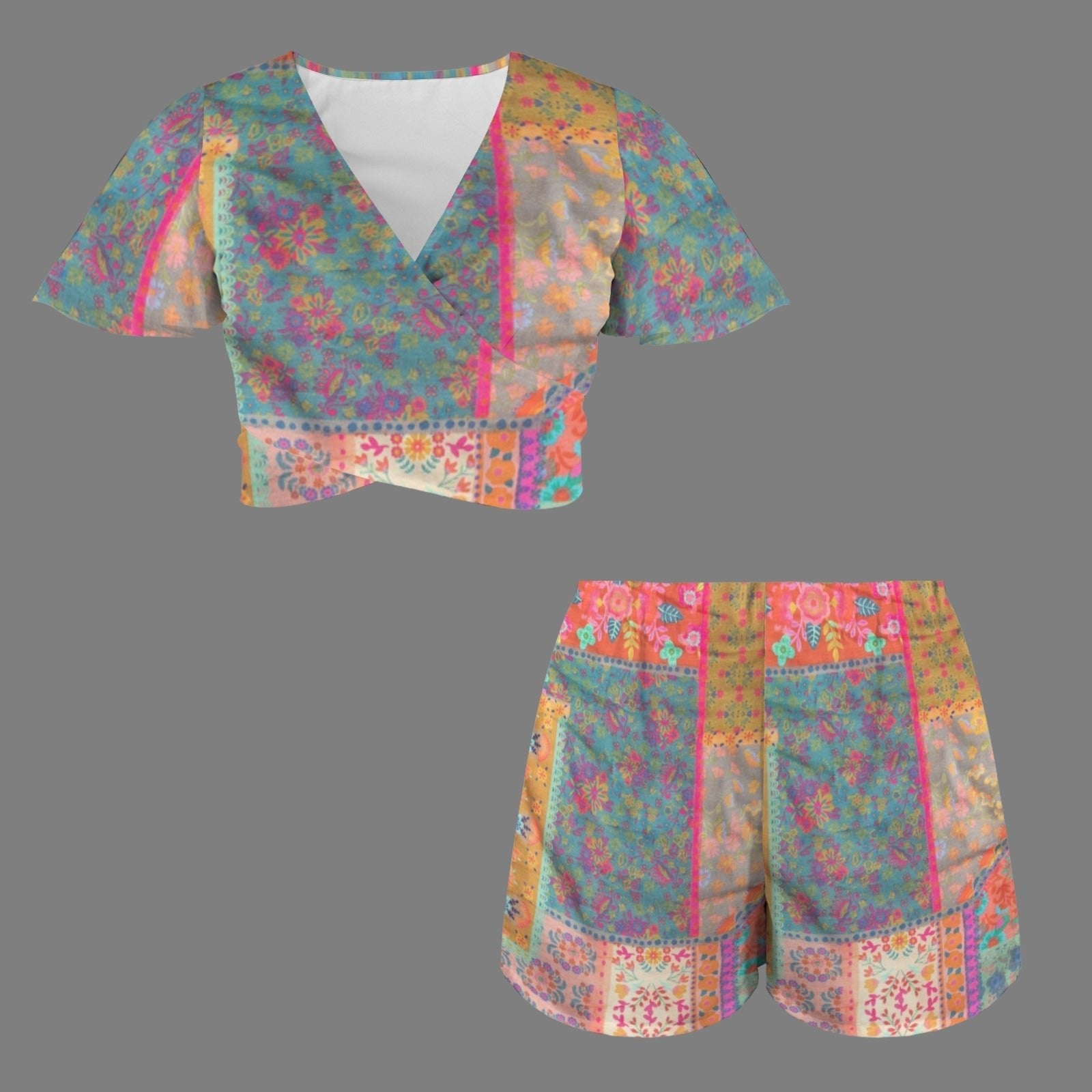 All Over Prints - Boho Eco Tie Crop Top and Shorts Set Blue and Pink - Boho Eco Boutique™ - Boho Eco Boutique™ - SF06299512932567799 - V30831 - Boho Eco Tie Crop Top and Shorts Set Blue and Pink - S - 