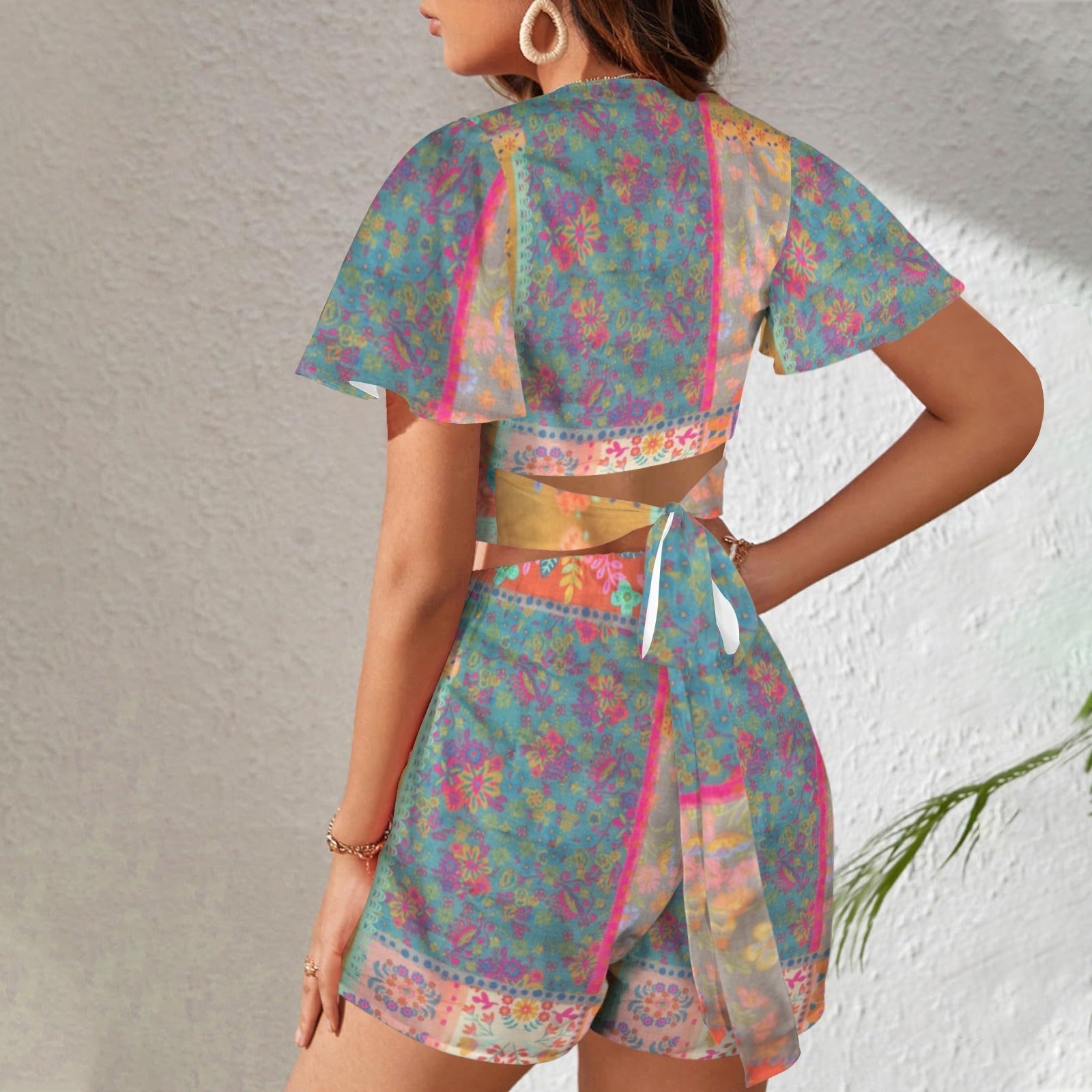 All Over Prints - Boho Eco Tie Crop Top and Shorts Set Blue and Pink - Boho Eco Boutique™ - Boho Eco Boutique™ - SF06299512932567799 - V30831 - Boho Eco Tie Crop Top and Shorts Set Blue and Pink - S - 