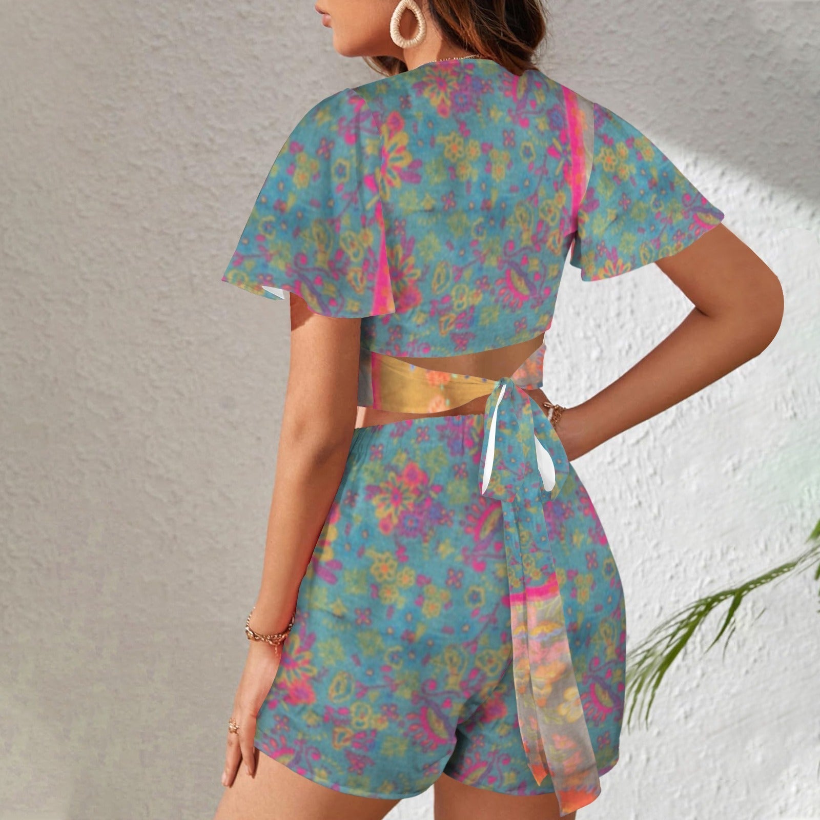 All Over Prints - Boho Eco Tie Crop Top and Shorts Set Blue and Pink - Boho Eco Boutique™ - Boho Eco Boutique™ - SF06298921326027959 - V30831 - Boho Eco Tie Crop Top and Shorts Set Blue and Pink - S - 