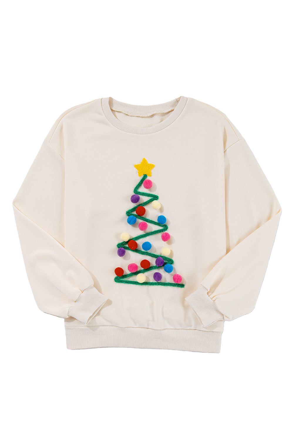 Festive Beige Tinsel Christmas Tree Sweatshirt with Random Pom Poms - Cozy Holiday Apparel