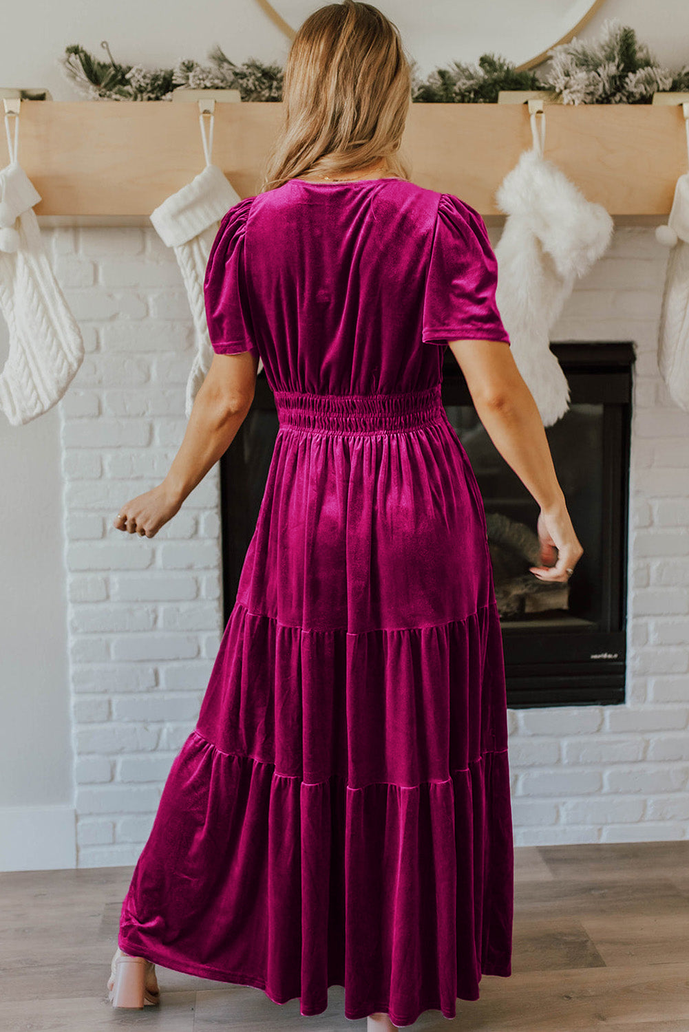 Evergreen Velvet Maxi Dress with Puff Short Sleeves and Smocked Waist - Elegant Tiered Design for Formal Events and Special Occasions