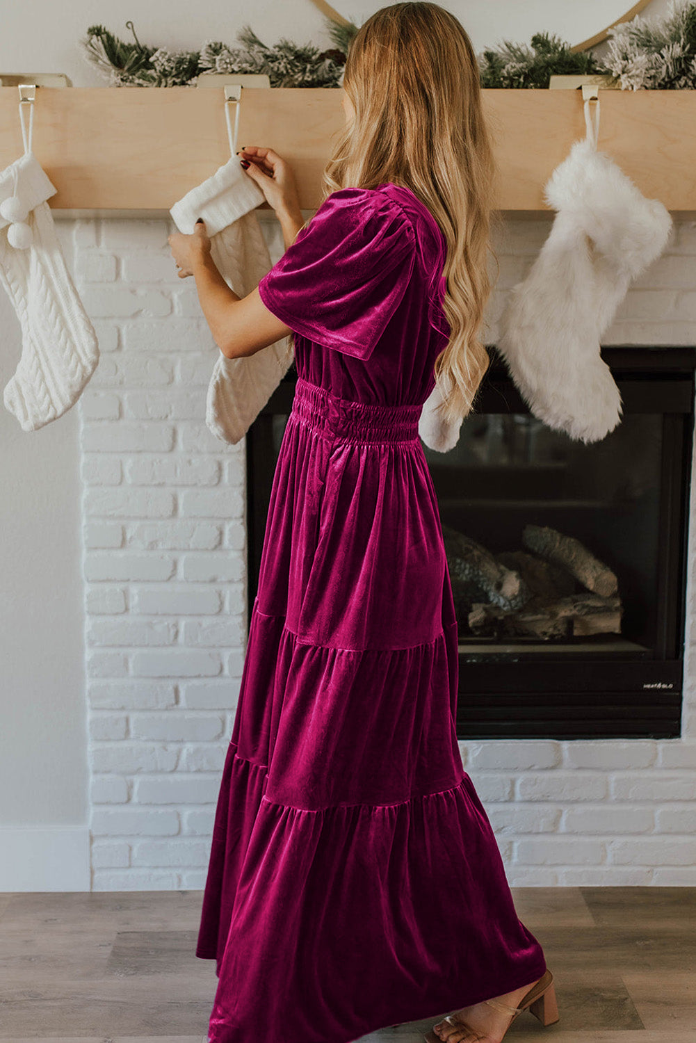 Evergreen Velvet Maxi Dress with Puff Short Sleeves and Smocked Waist - Elegant Tiered Design for Formal Events and Special Occasions