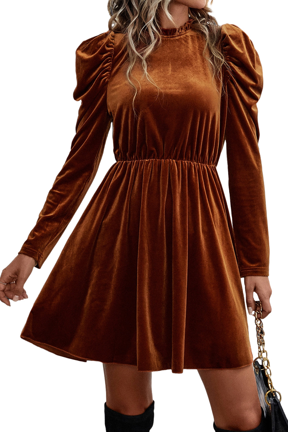 Elegant Chestnut Velvet Swing Dress with Frilled Neck and Gigot Sleeves - Perfect for Autumn Events and Holiday Gatherings