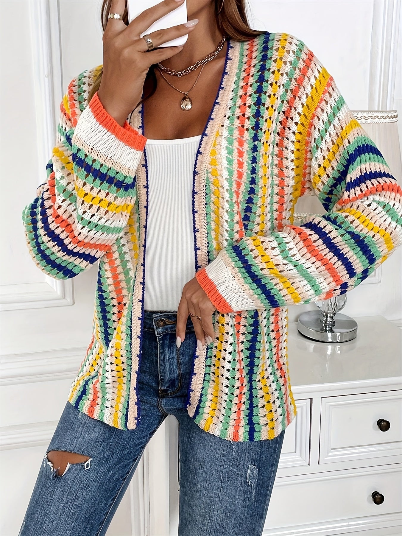 Casual Striped Knit Cardigan - Long Sleeve Open Front Color Block Sweater, Slight Stretch, Regular Fit for Fall/Winter