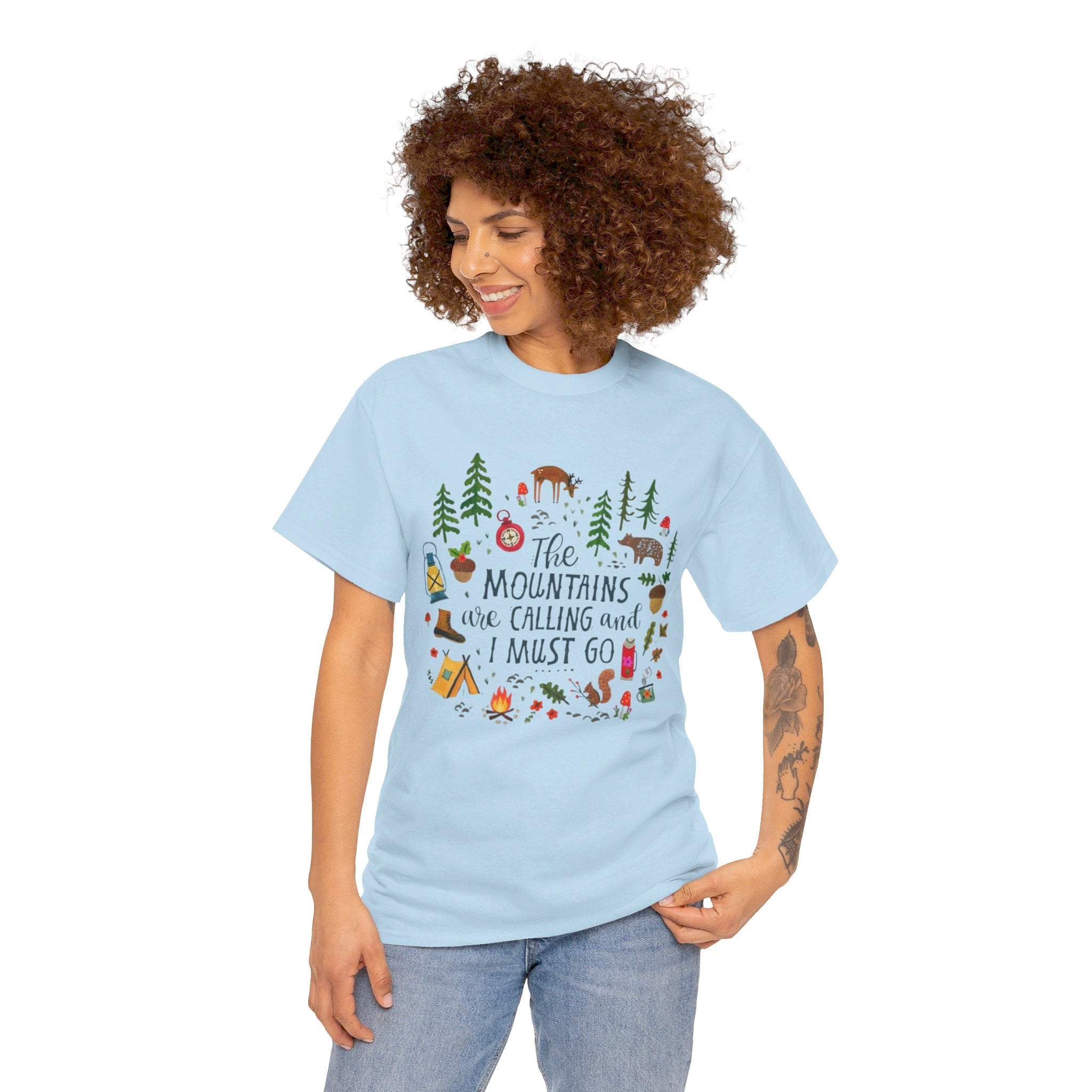 Camping T-Shirt - Outdoor Adventure Unisex Tee The Mountains are Calling and I must Go - Light Blue / S - T-Shirt