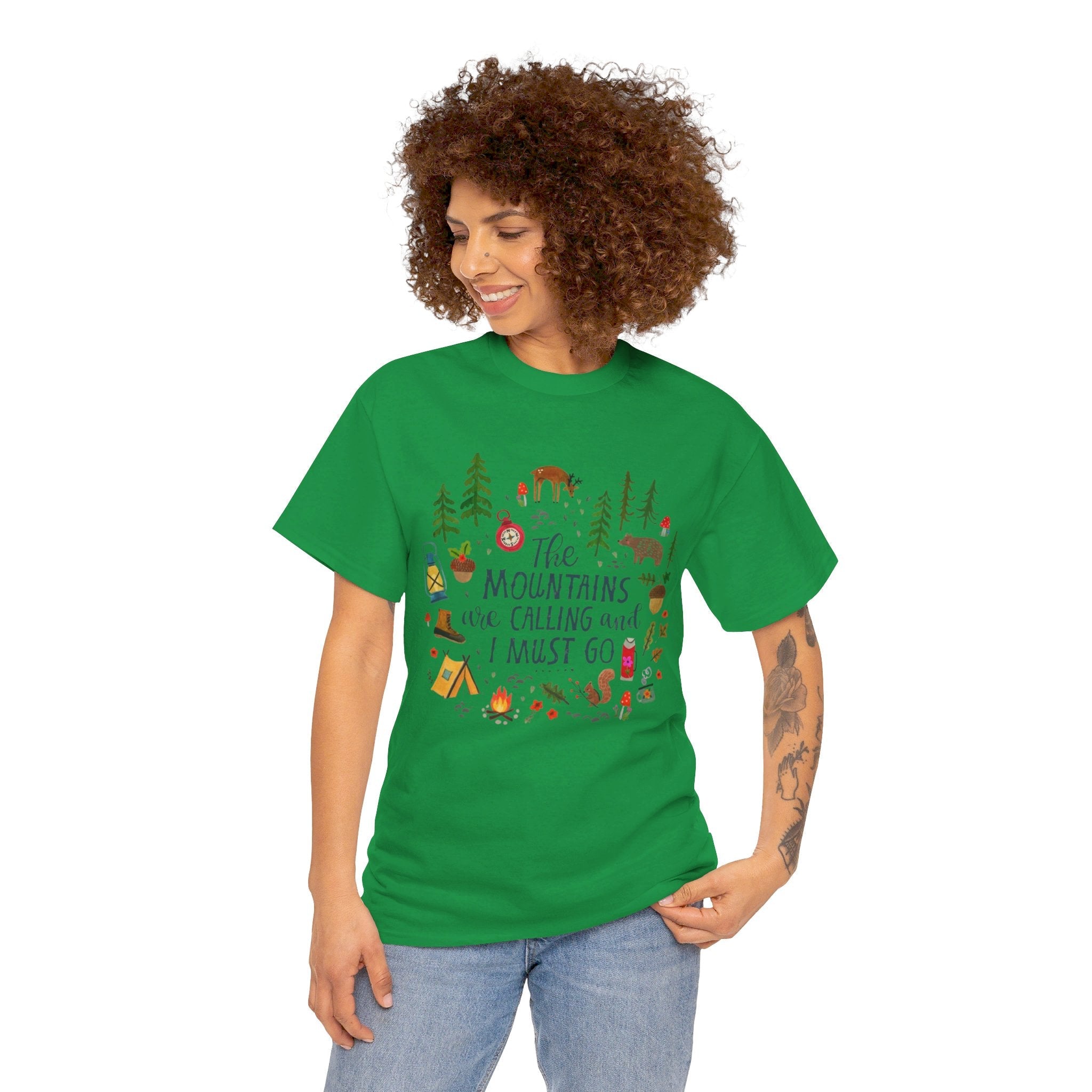 Camping T-Shirt - Outdoor Adventure Unisex Tee The Mountains are Calling and I must Go - Irish Green / S - T-Shirt