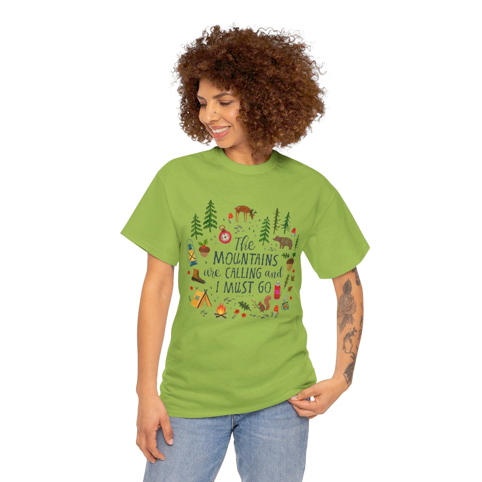 Camping T-Shirt - Outdoor Adventure Unisex Tee The Mountains are Calling and I must Go - Kiwi / S - T-Shirt