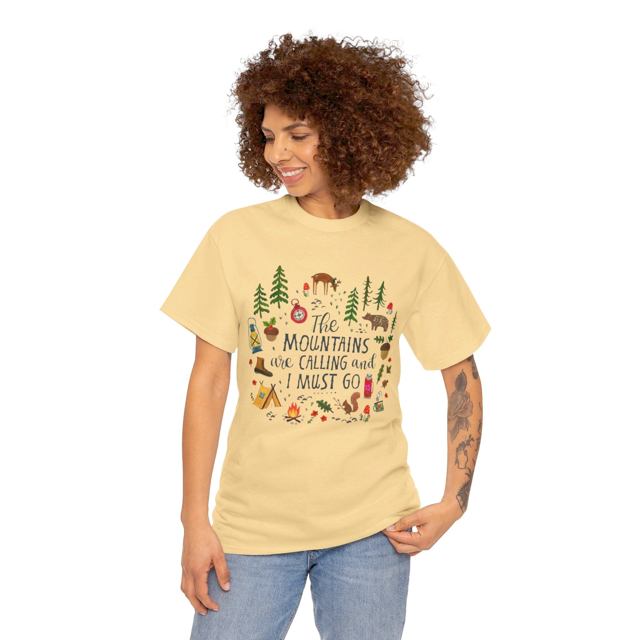 Camping T-Shirt - Outdoor Adventure Unisex Tee The Mountains are Calling and I must Go - Yellow Haze / S - T-Shirt