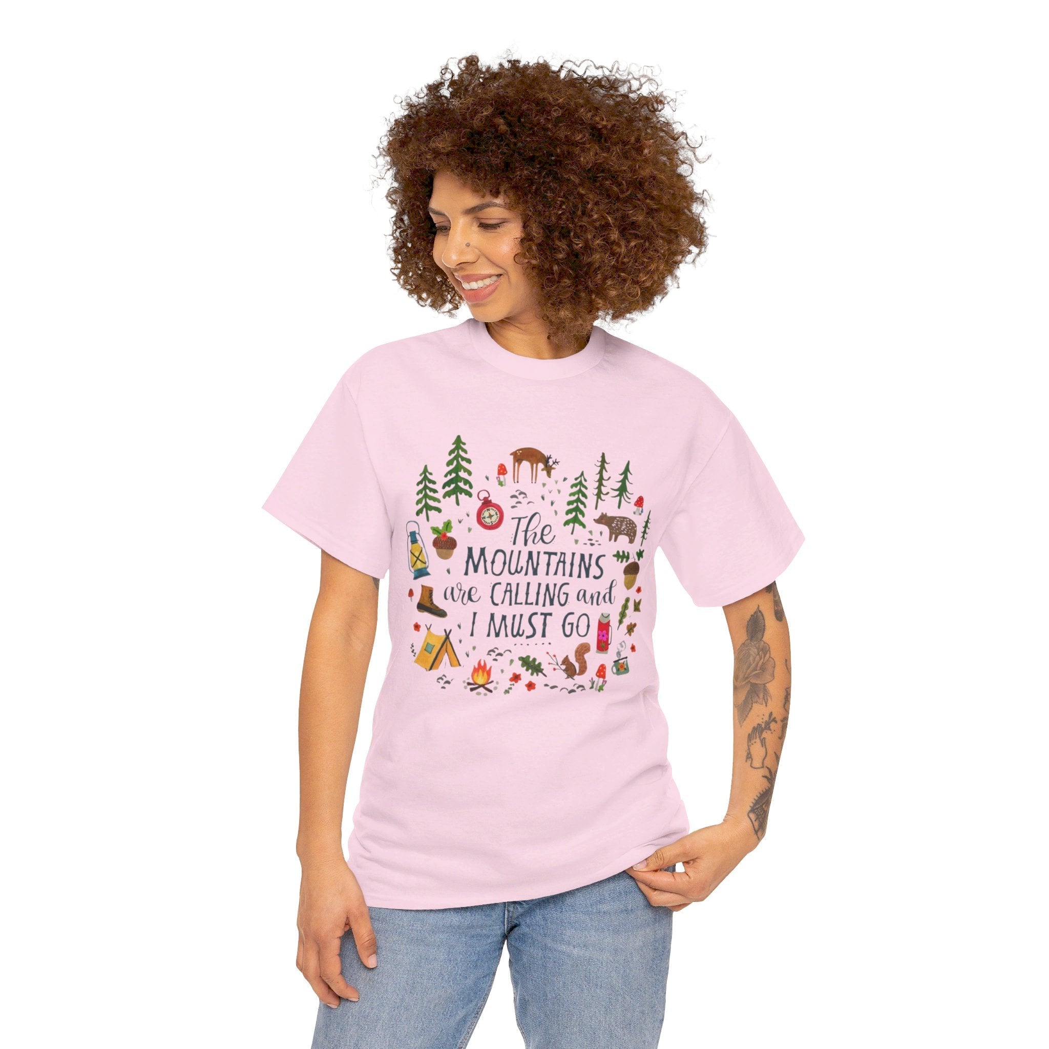 Camping T-Shirt - Outdoor Adventure Unisex Tee The Mountains are Calling and I must Go - Light Pink / S - T-Shirt