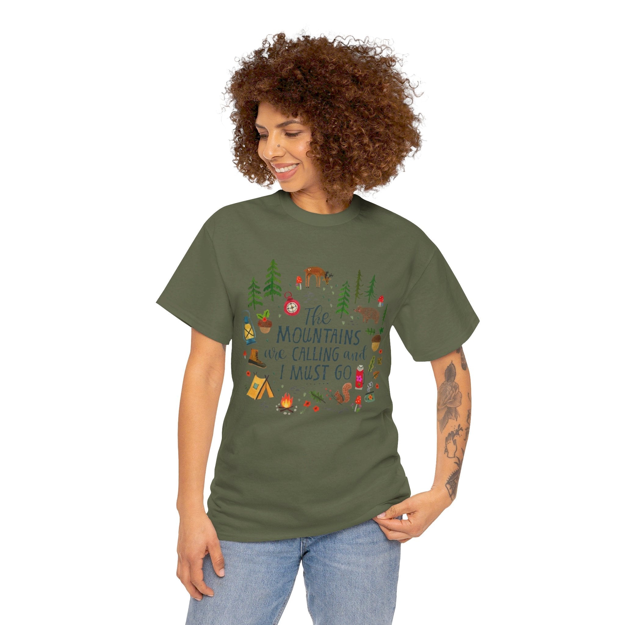 Camping T-Shirt - Outdoor Adventure Unisex Tee The Mountains are Calling and I must Go - Military Green / S - T-Shirt