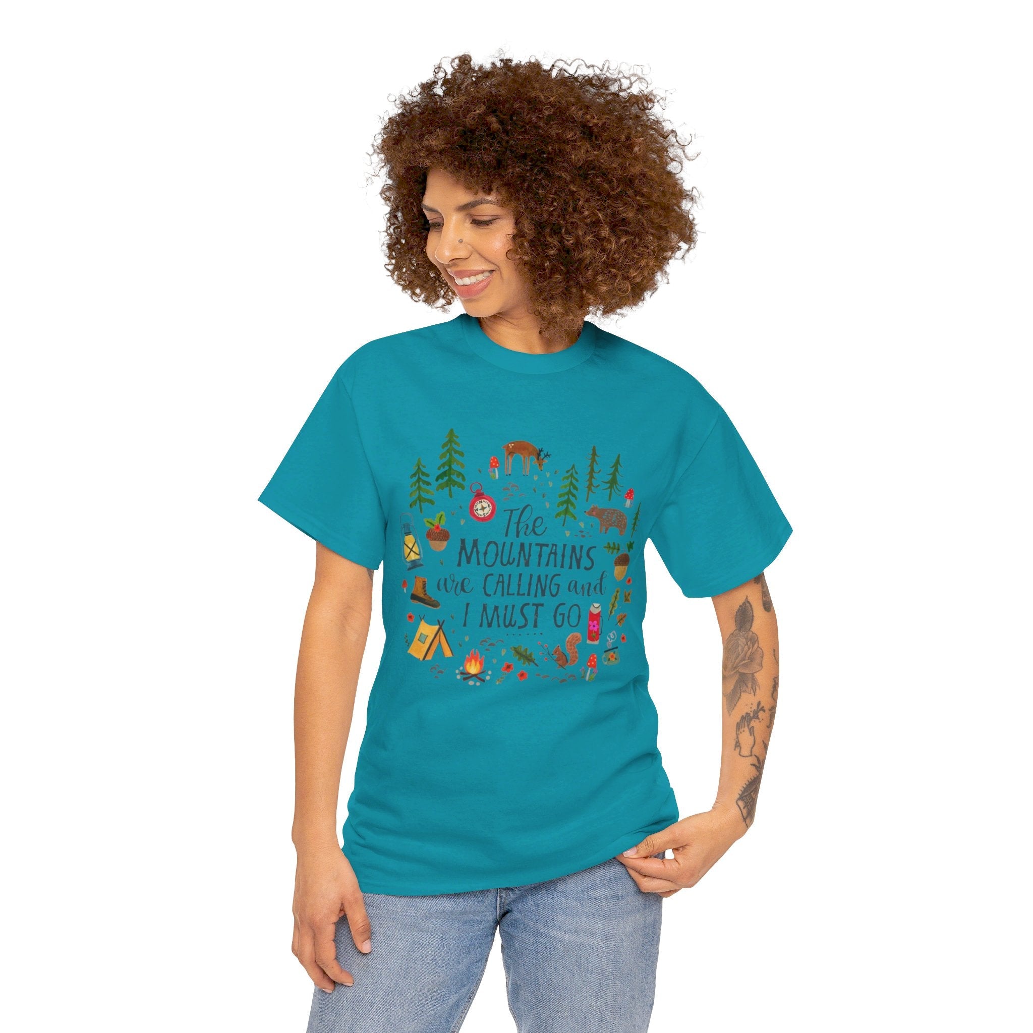 Camping T-Shirt - Outdoor Adventure Unisex Tee The Mountains are Calling and I must Go - Tropical Blue / S - T-Shirt