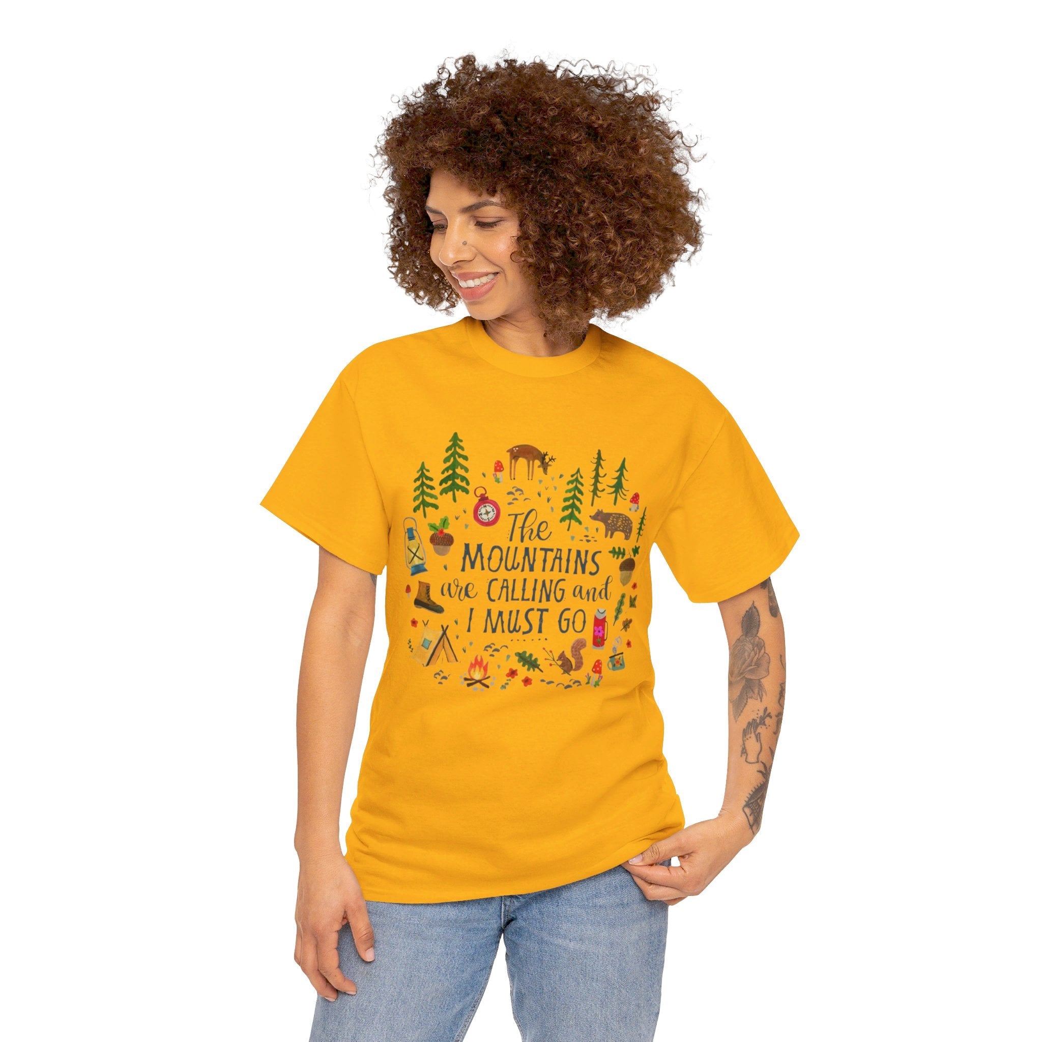 Camping T-Shirt - Outdoor Adventure Unisex Tee The Mountains are Calling and I must Go - Gold / S - T-Shirt