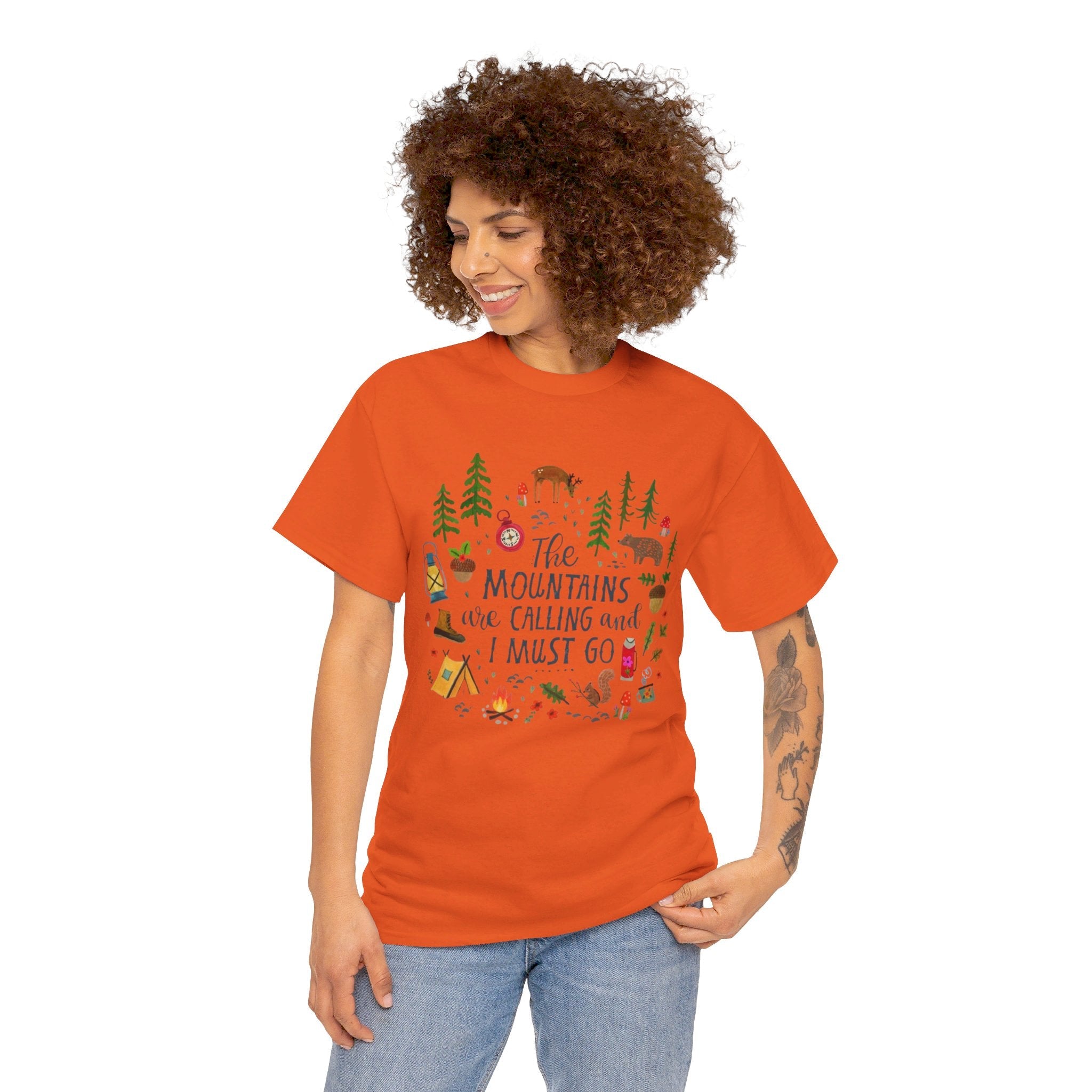 Camping T-Shirt - Outdoor Adventure Unisex Tee The Mountains are Calling and I must Go - Orange / S - T-Shirt