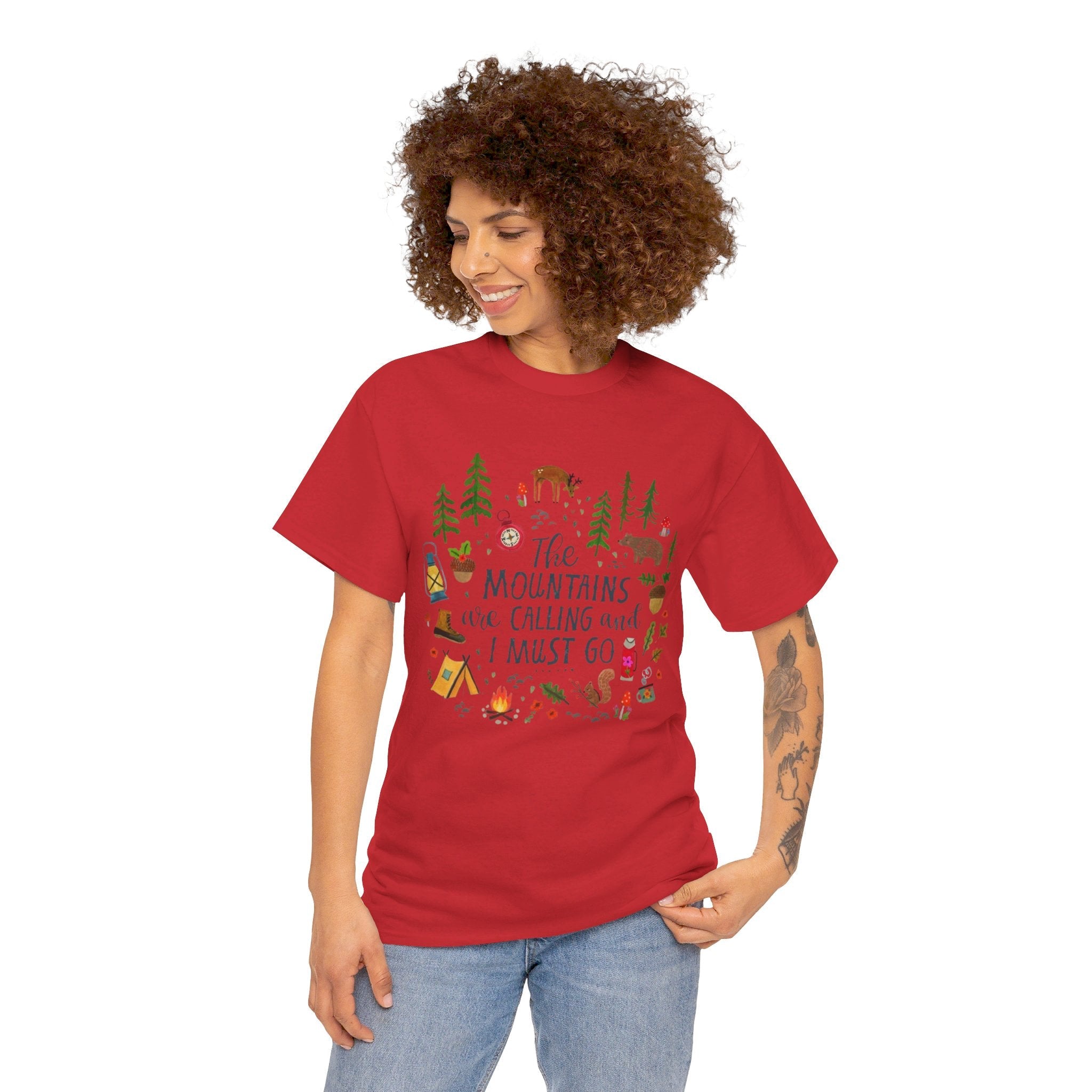 Camping T-Shirt - Outdoor Adventure Unisex Tee The Mountains are Calling and I must Go - Red / S - T-Shirt