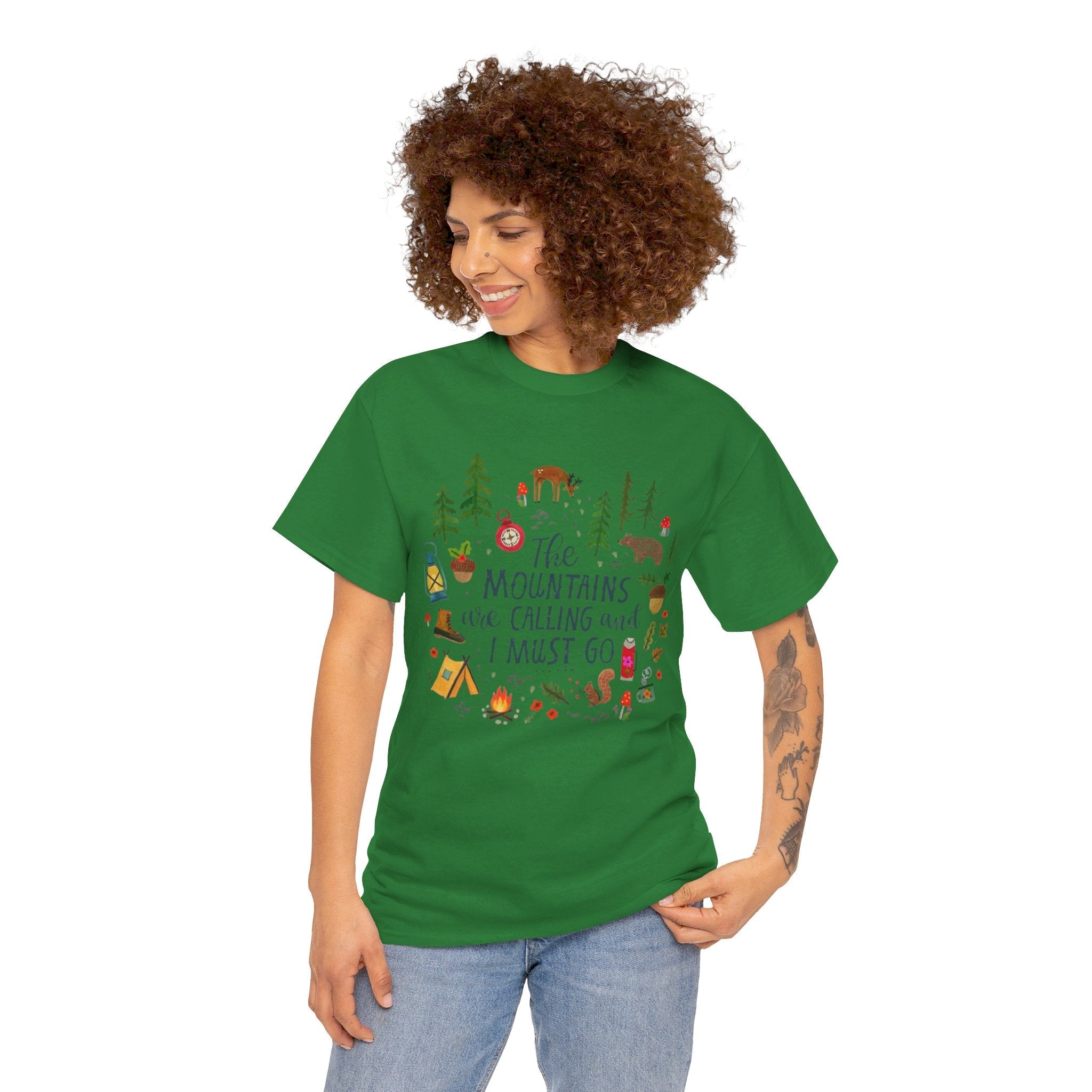 Camping T-Shirt - Outdoor Adventure Unisex Tee The Mountains are Calling and I must Go - Turf Green / S - T-Shirt