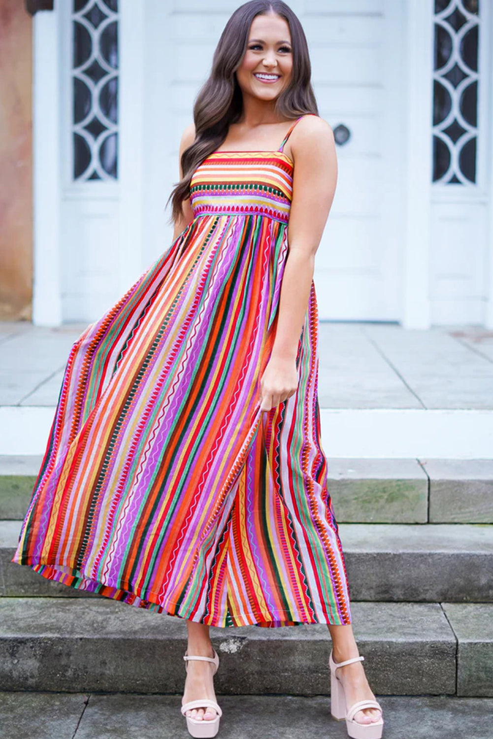 Vibrant Multicolor Boho Striped Maxi Dress with Spaghetti Straps and Smocked Back - Perfect for Beach Days and Summer Festivals