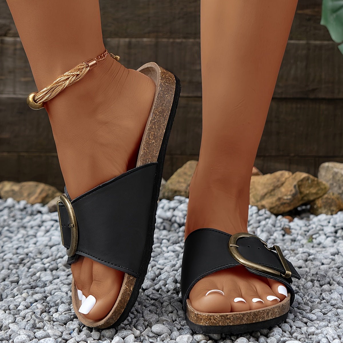 accessories - Chic Buckle Strap Slide Sandals - Comfortable, Lightweight, Open - Toe, Casual Summer Shoes with Flat Heel, Soft Insole, and Breathable Design for Women - Boho Eco Boutique™ - accessories - Boho Eco Boutique™ - Black - 6 - 