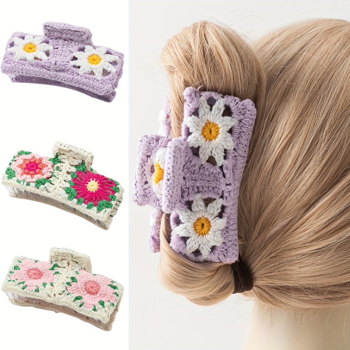 accessories - Chic Floral Knit Hair Claw - Large, Plush Rectangle Hair Clip For Women & Girls, Perfect For Everyday Styling Hair Accessories For Women Hair Clips For Women - Boho Eco Boutique™ - accessories - Boho Eco Boutique™ - Pink - 