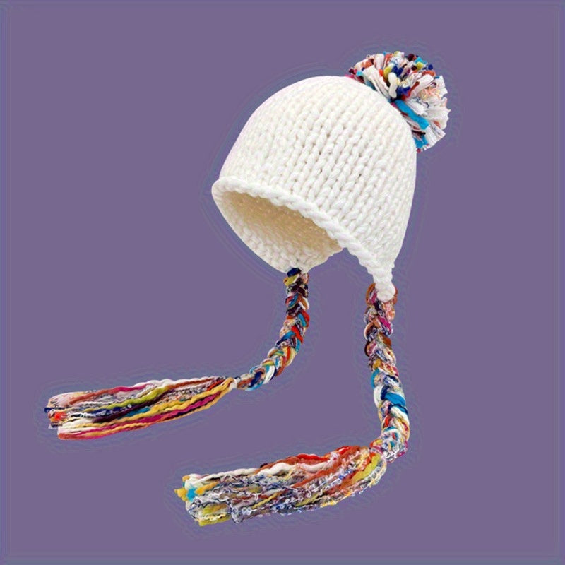 Chic Tassel Knit Beanie - Ear-Warming Winter Hat with Pompom Lightweight & Non-Stretch Hand Washable - Beanie