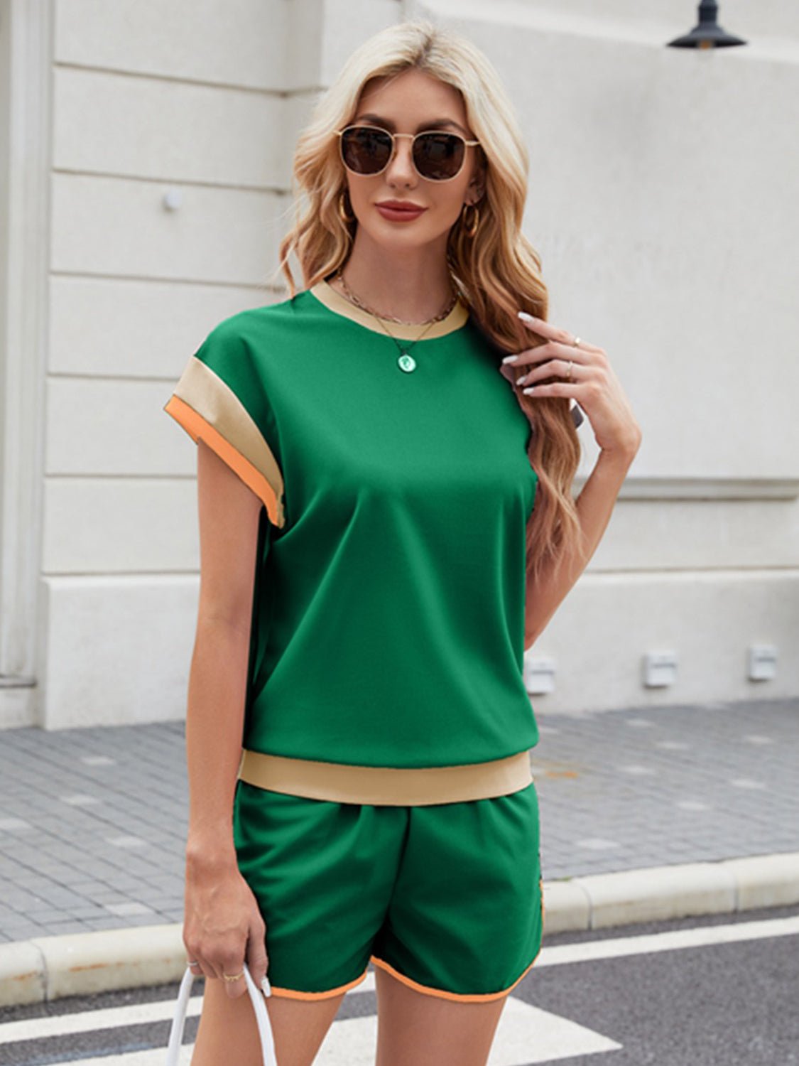  - Contrast Round Neck Top and Shorts Set - Sports and Outdoors, Casual Two - Piece Outfit - Boho Eco Boutique™ - Boho Eco Boutique™ - 100100391912675 - Green - S - 