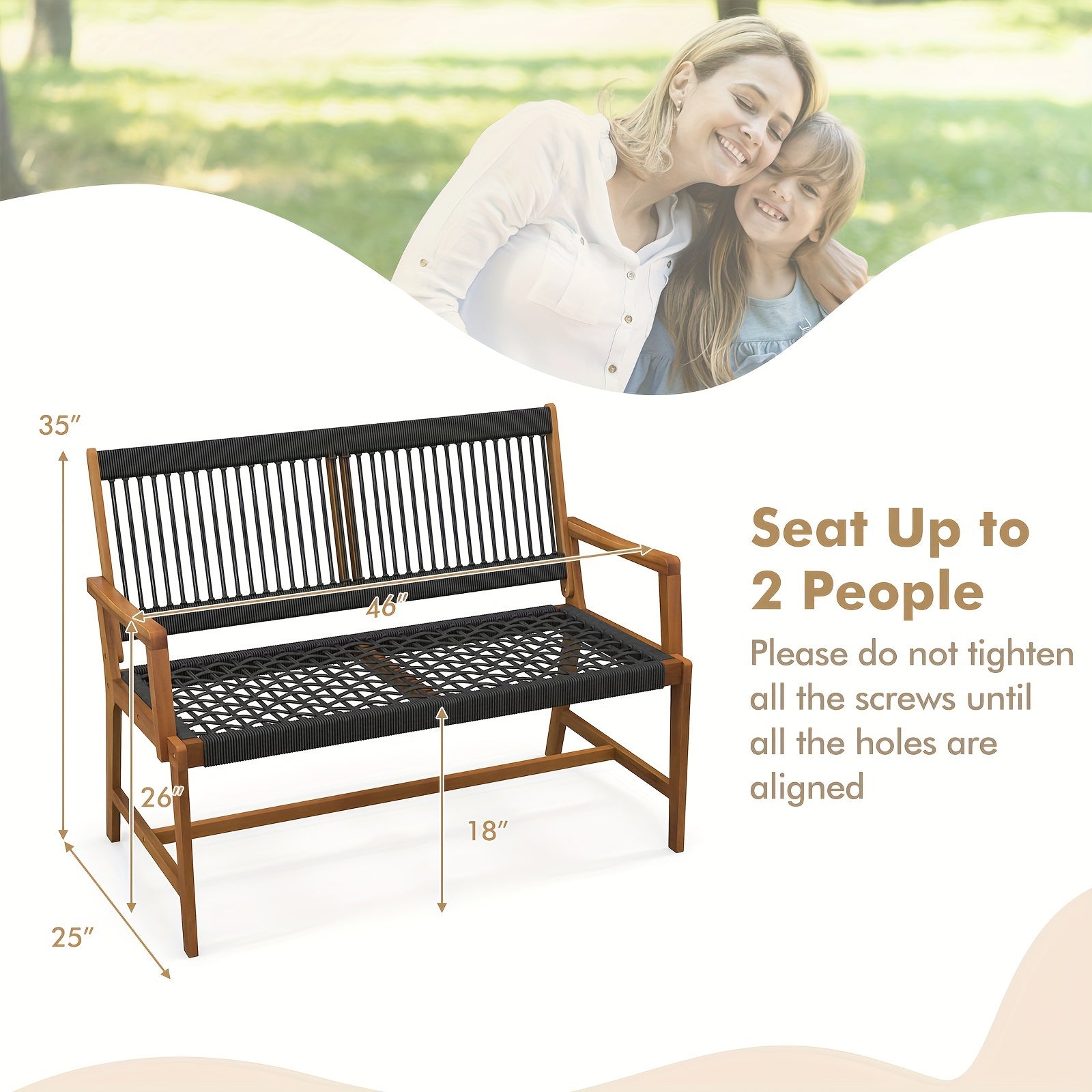 customized - COSTWAY Patio 2 - Person Acacia Wood Bench, All - Weather Rope Woven Chairs For Outdoor Garden - Boho Eco Boutique™ - customized - Boho Eco Boutique™ - Black+Natural Color - 