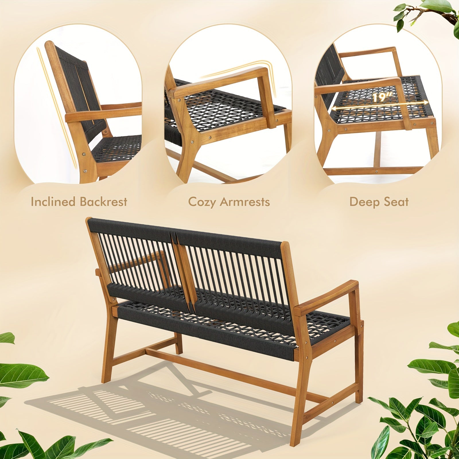 customized - COSTWAY Patio 2 - Person Acacia Wood Bench, All - Weather Rope Woven Chairs For Outdoor Garden - Boho Eco Boutique™ - customized - Boho Eco Boutique™ - Black+Natural Color - 