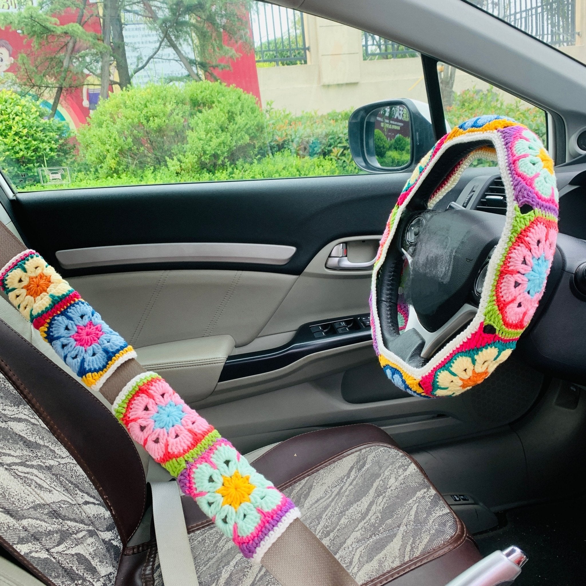 accessories - Crochet Colorful Steering Wheel Cover & Seat Belt Cover - Boho Eco Boutique™ - accessories - Boho Eco Boutique™ - 1 steering wheel cover + 2 seat belt covers - 