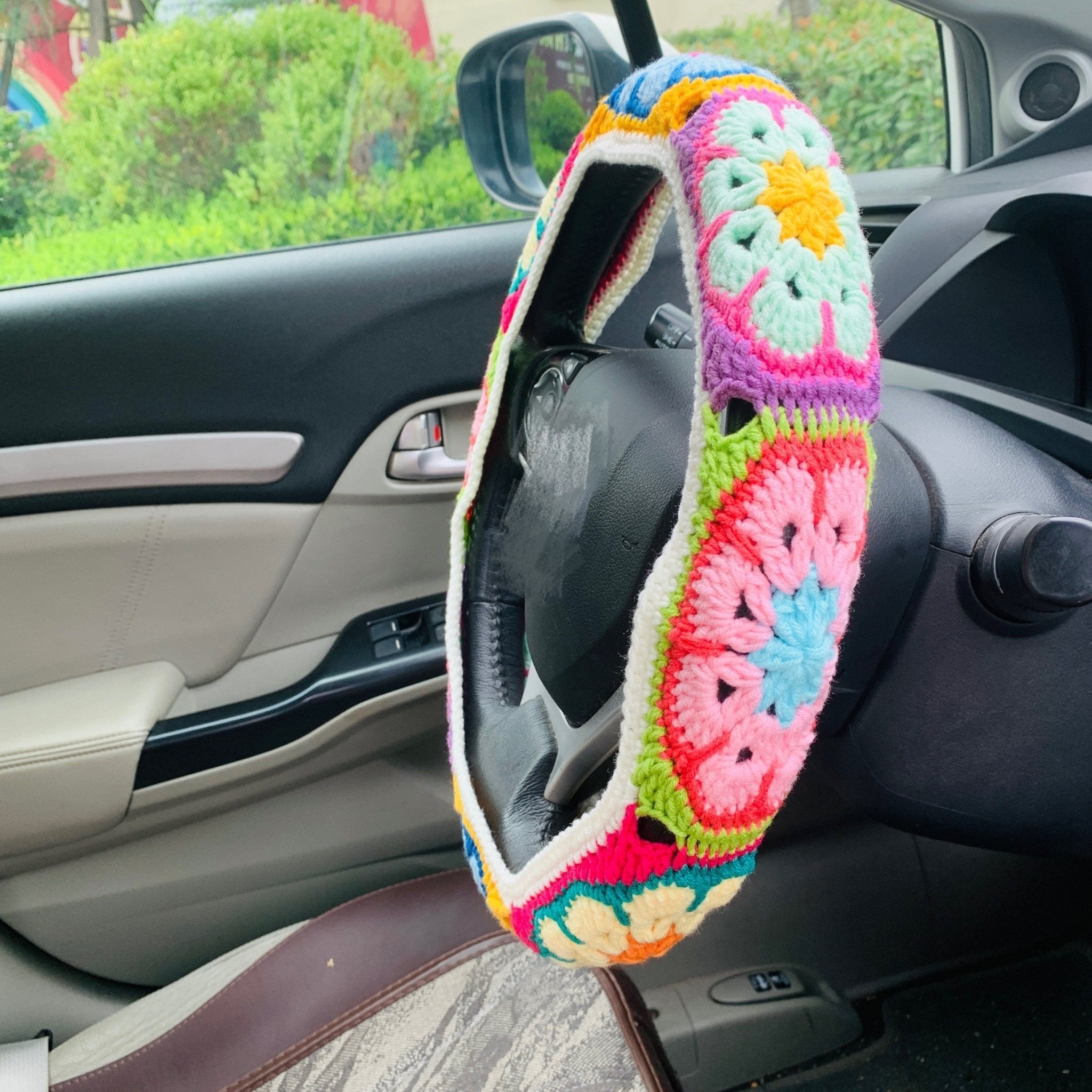 accessories - Crochet Colorful Steering Wheel Cover & Seat Belt Cover - Boho Eco Boutique™ - accessories - Boho Eco Boutique™ - 1 steering wheel cover - 