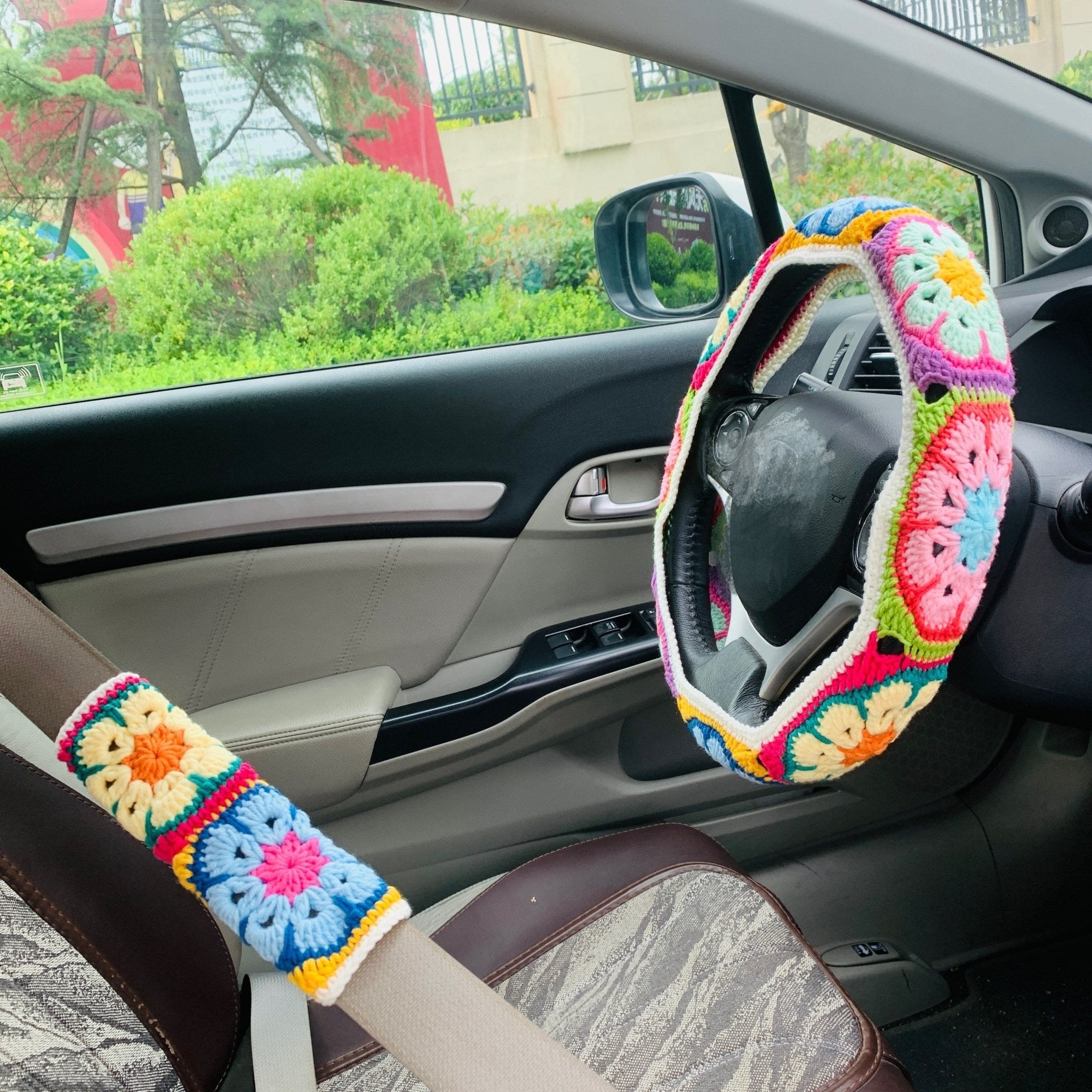 accessories - Crochet Colorful Steering Wheel Cover & Seat Belt Cover - Boho Eco Boutique™ - accessories - Boho Eco Boutique™ - 1 steering wheel cover - 