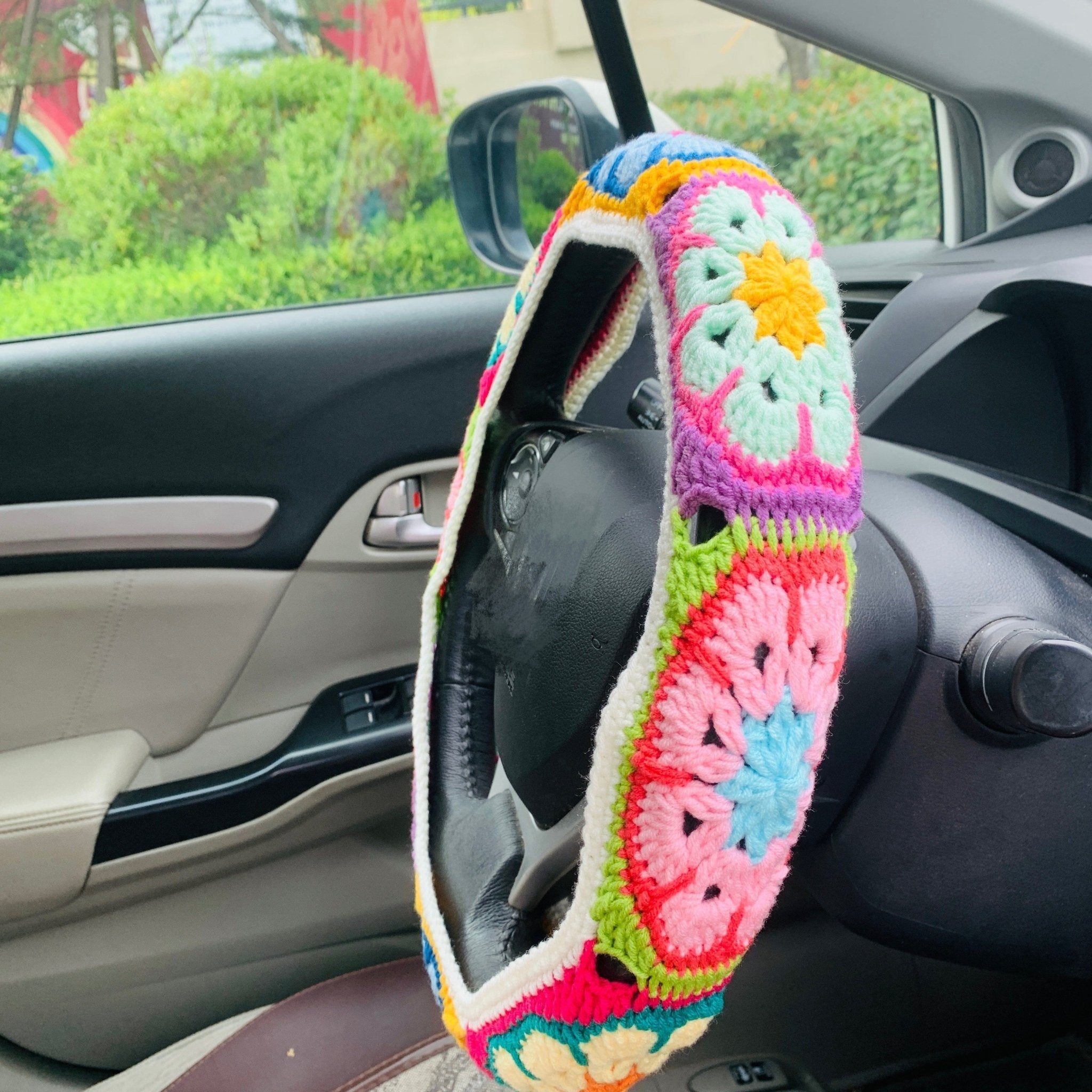 accessories - Crochet Colorful Steering Wheel Cover & Seat Belt Cover - Boho Eco Boutique™ - accessories - Boho Eco Boutique™ - 1 steering wheel cover - 