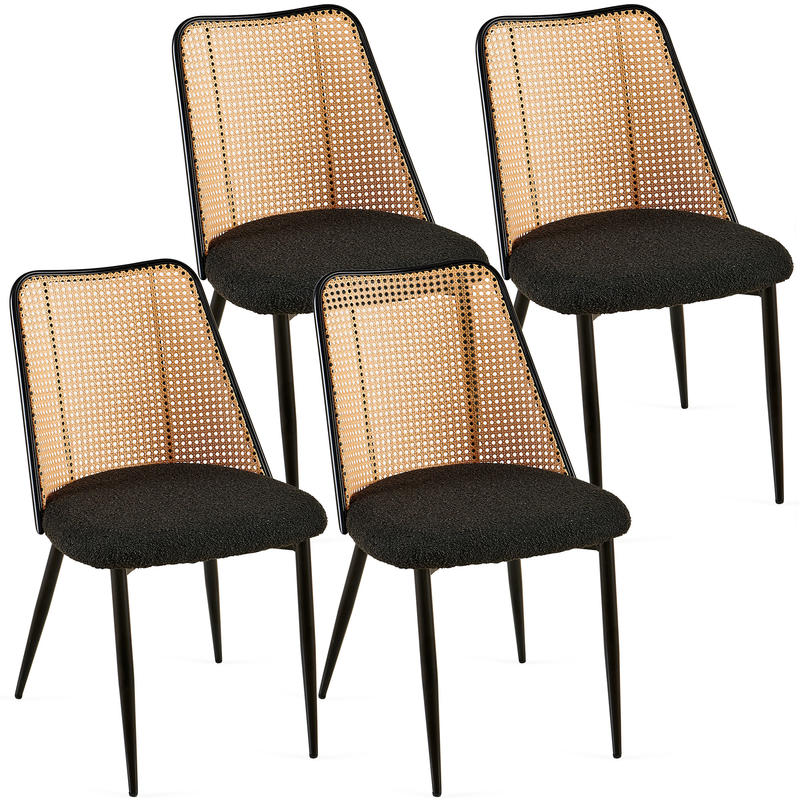 Set of 4 Black Rattan Dining Chairs - Boucle Upholstered Seats with Natural Cane Back, Modern Dining Room and Kitchen Chairs