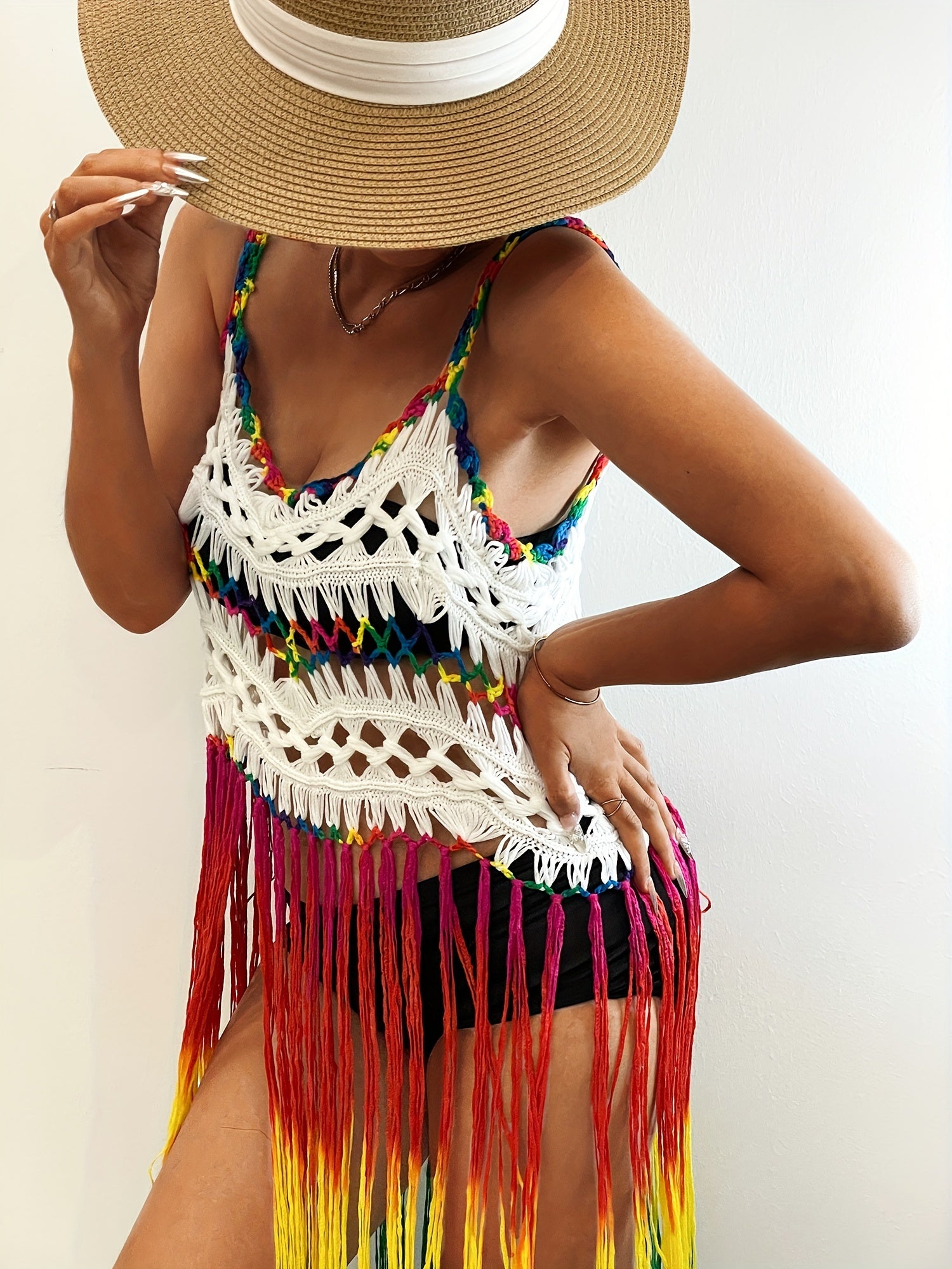 Rainbow Color Tassel Trim Cami Dress - Bohemian-Inspired Sleeveless V-Neck Cover-Up, Perfect for Spring and Summer