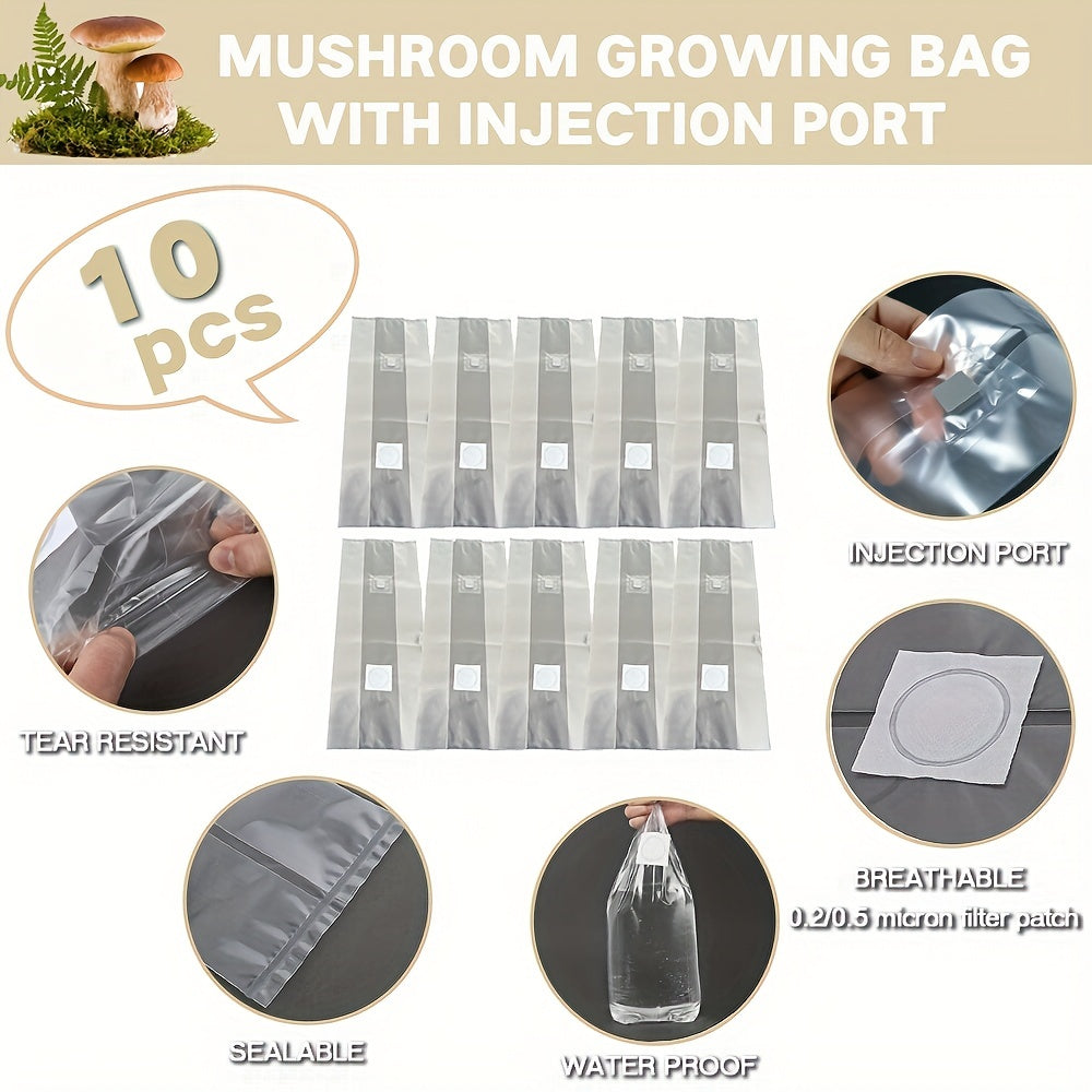 10pcs Mushroom Grow Bags with Self-Healing Injection Port - High-Quality Myco Bags for Easy Mushroom Cultivation